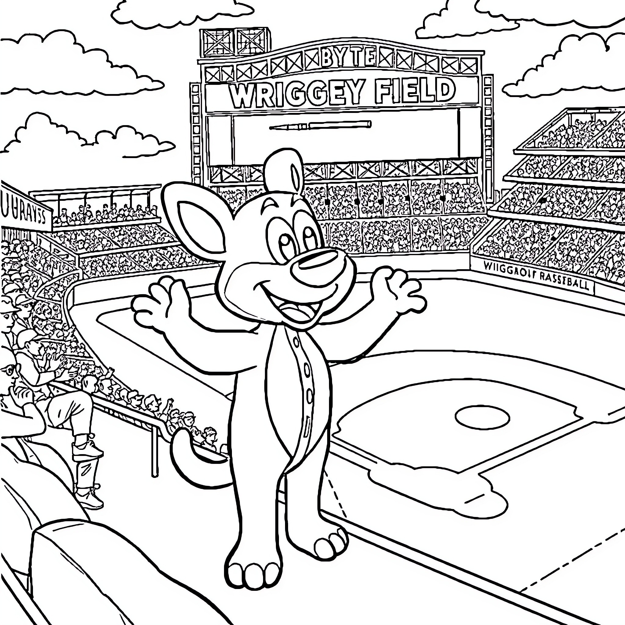 Bluey's Fun Day at Wrigley Field Coloring Page (free black-and-white line drawing printable PDF for all, from beginners to advanced learners, including children, teens, adults, and seniors)