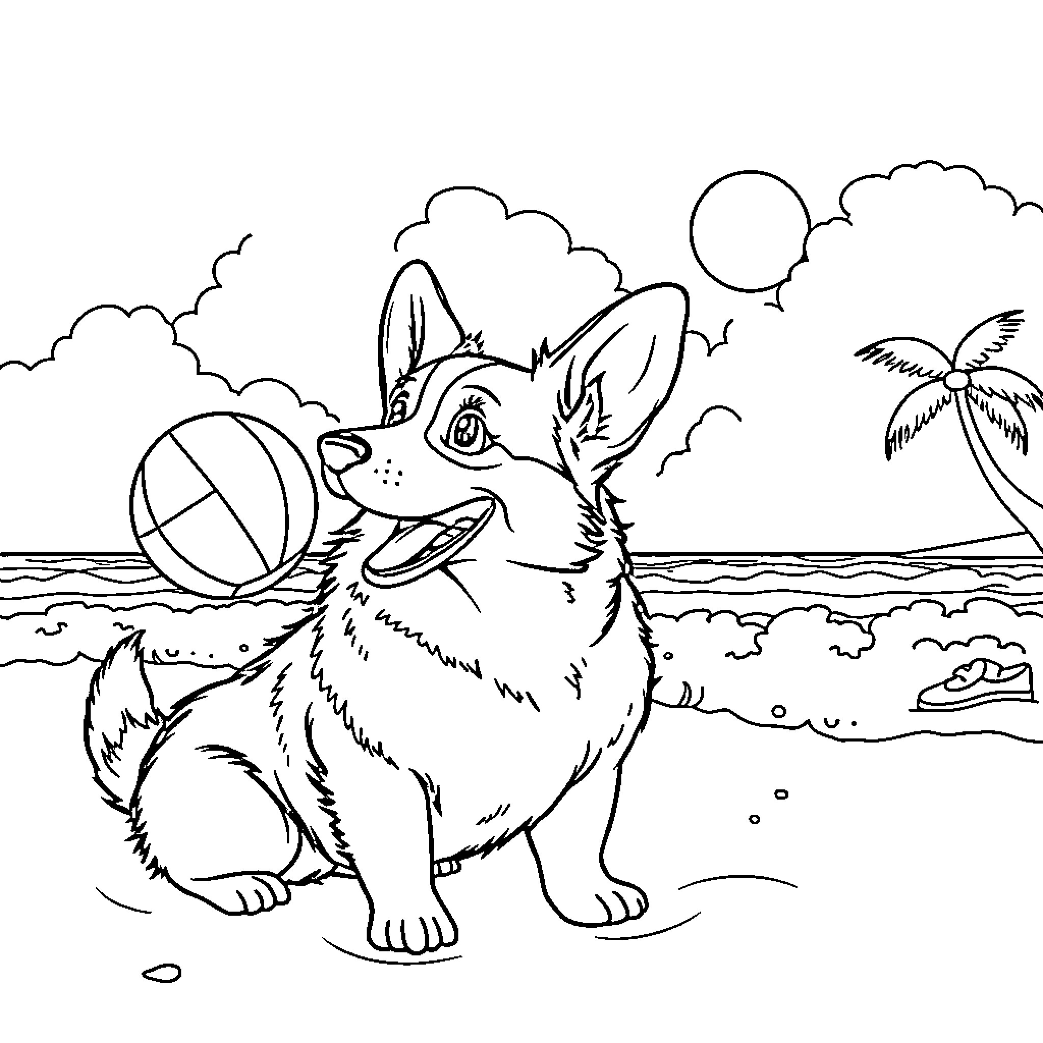 Corgi playing with beach ball on tropical beach Coloring Page (free black-and-white line drawing printable PDF for all, from beginners to advanced learners, including children, teens, adults, and seniors)