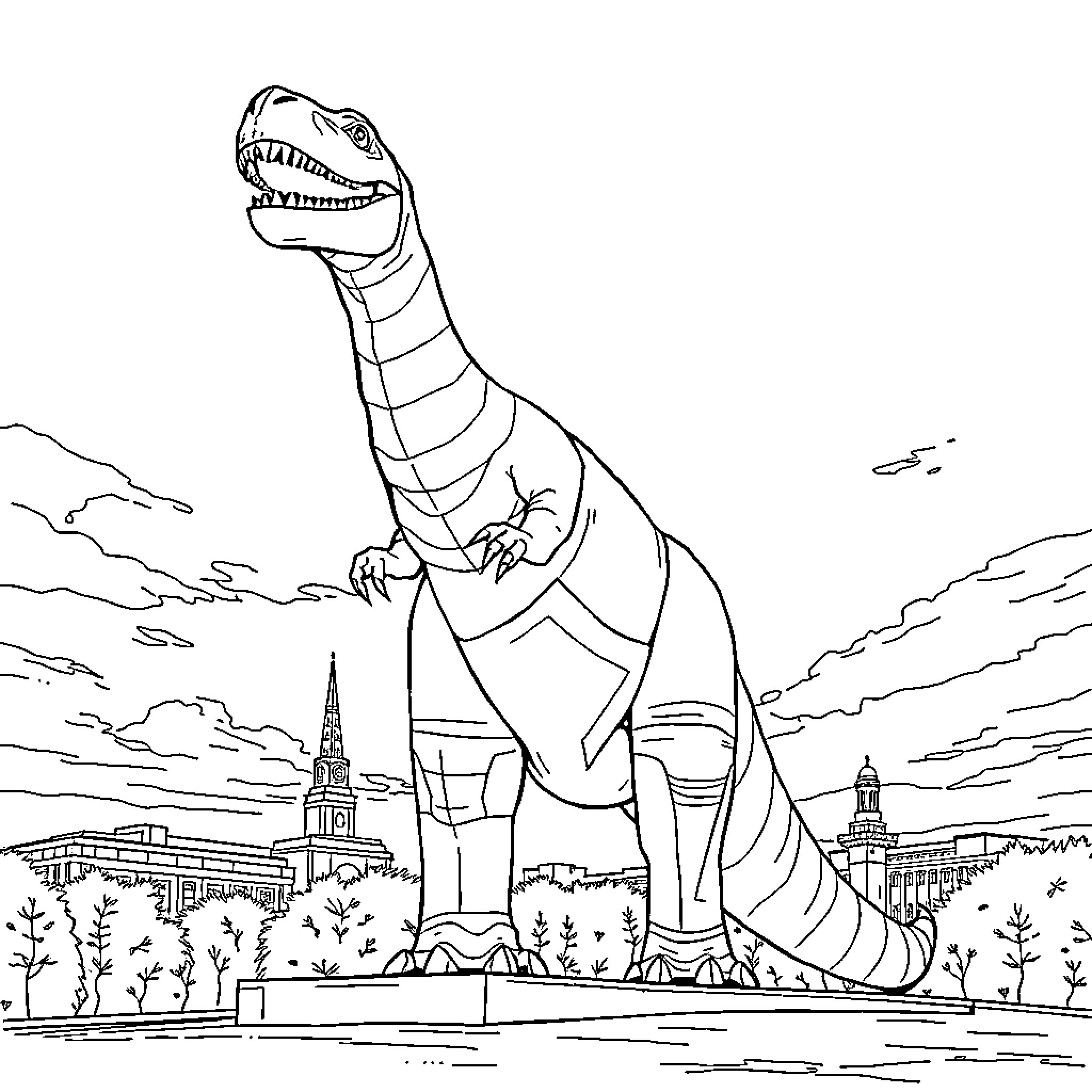 Dinosaur exploring the city landscape Coloring Page (free black-and-white line drawing printable PDF for all, from beginners to advanced learners, including children, teens, adults, and seniors)