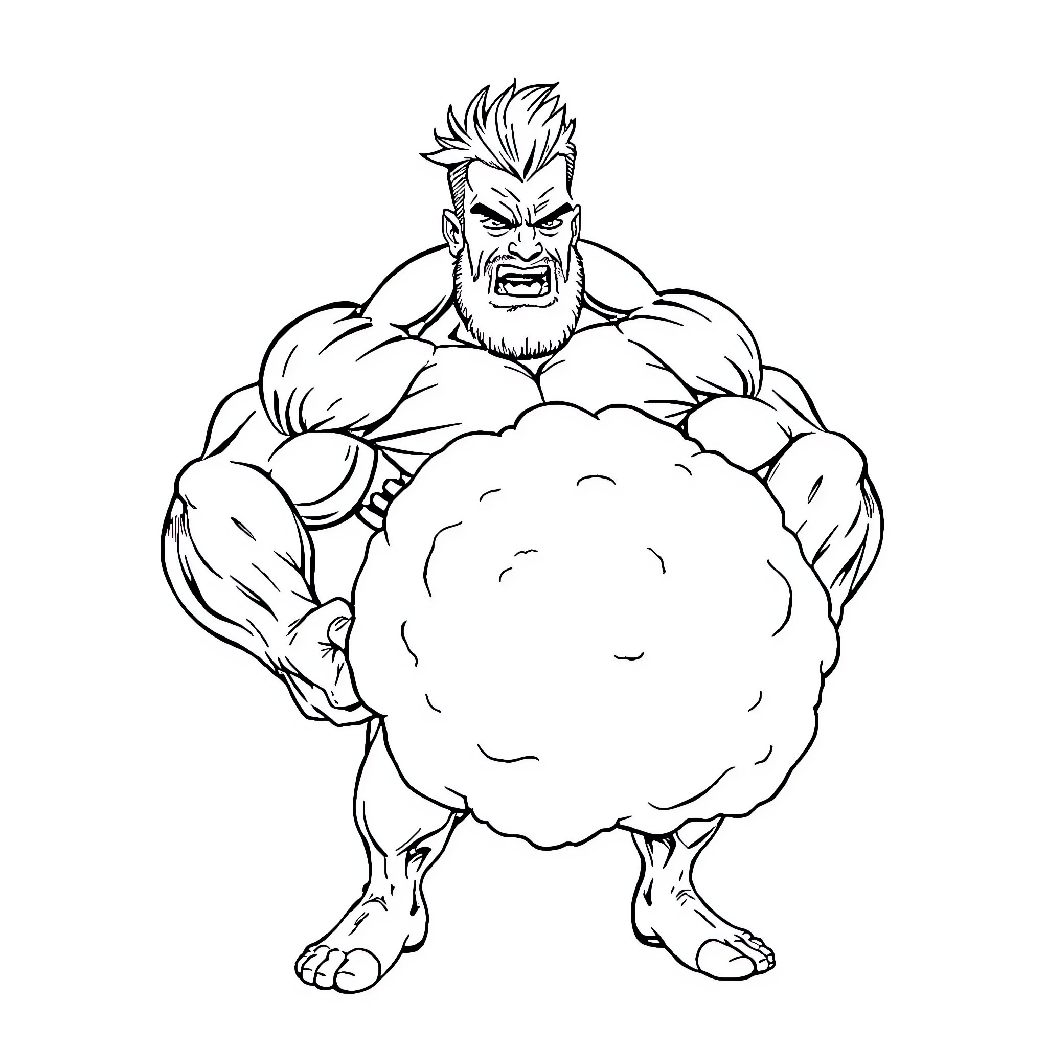 Muscle-bound warrior in action stance Coloring Page (free black-and-white line drawing printable PDF for all, from beginners to advanced learners, including children, teens, adults, and seniors)