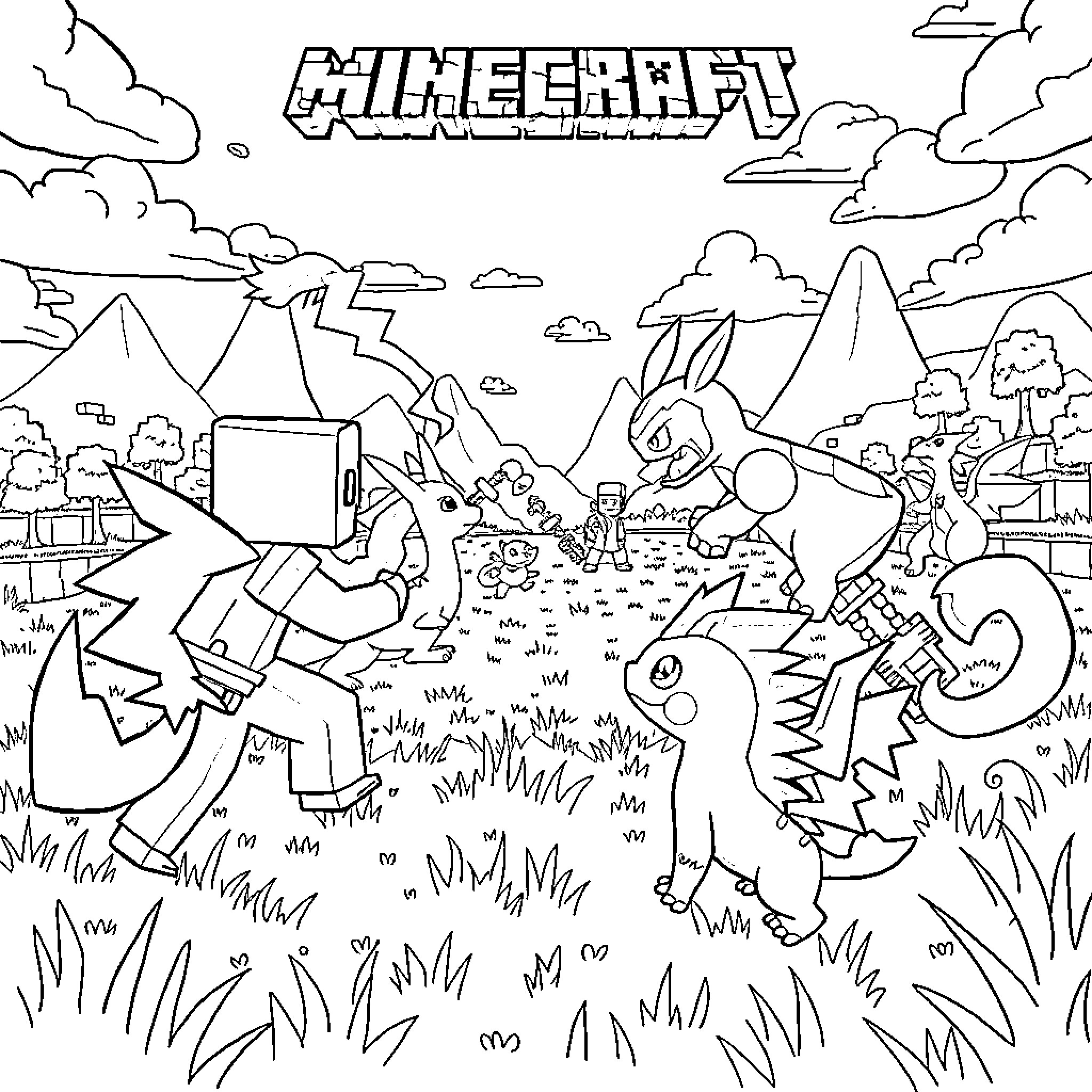 Pokémon characters exploring nature in the Minecraft world Coloring Page (free black-and-white line drawing printable PDF for all, from beginners to advanced learners, including children, teens, adults, and seniors)