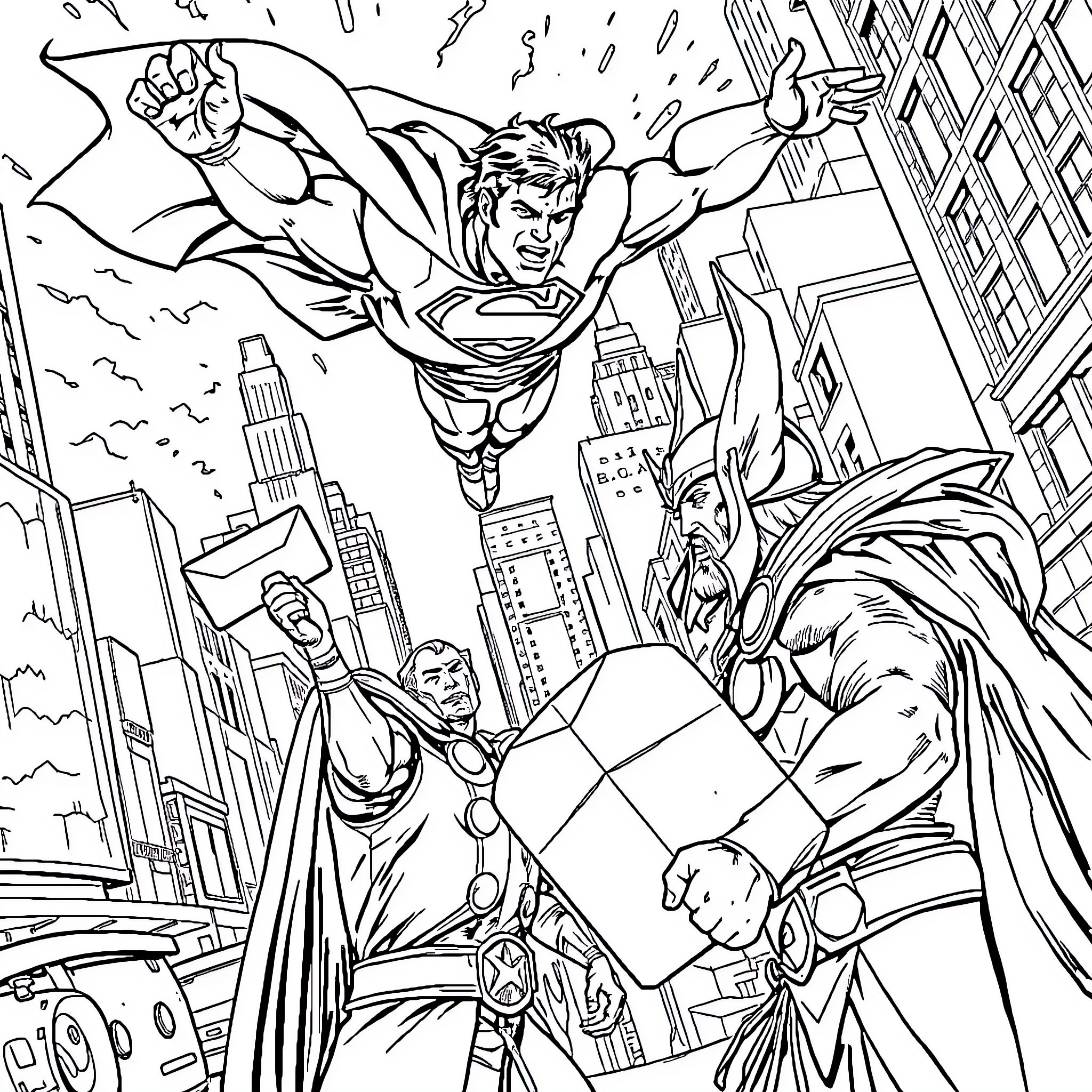 Superman soaring heroically through the city Coloring Page (free black-and-white line drawing printable PDF for all, from beginners to advanced learners, including children, teens, adults, and seniors)