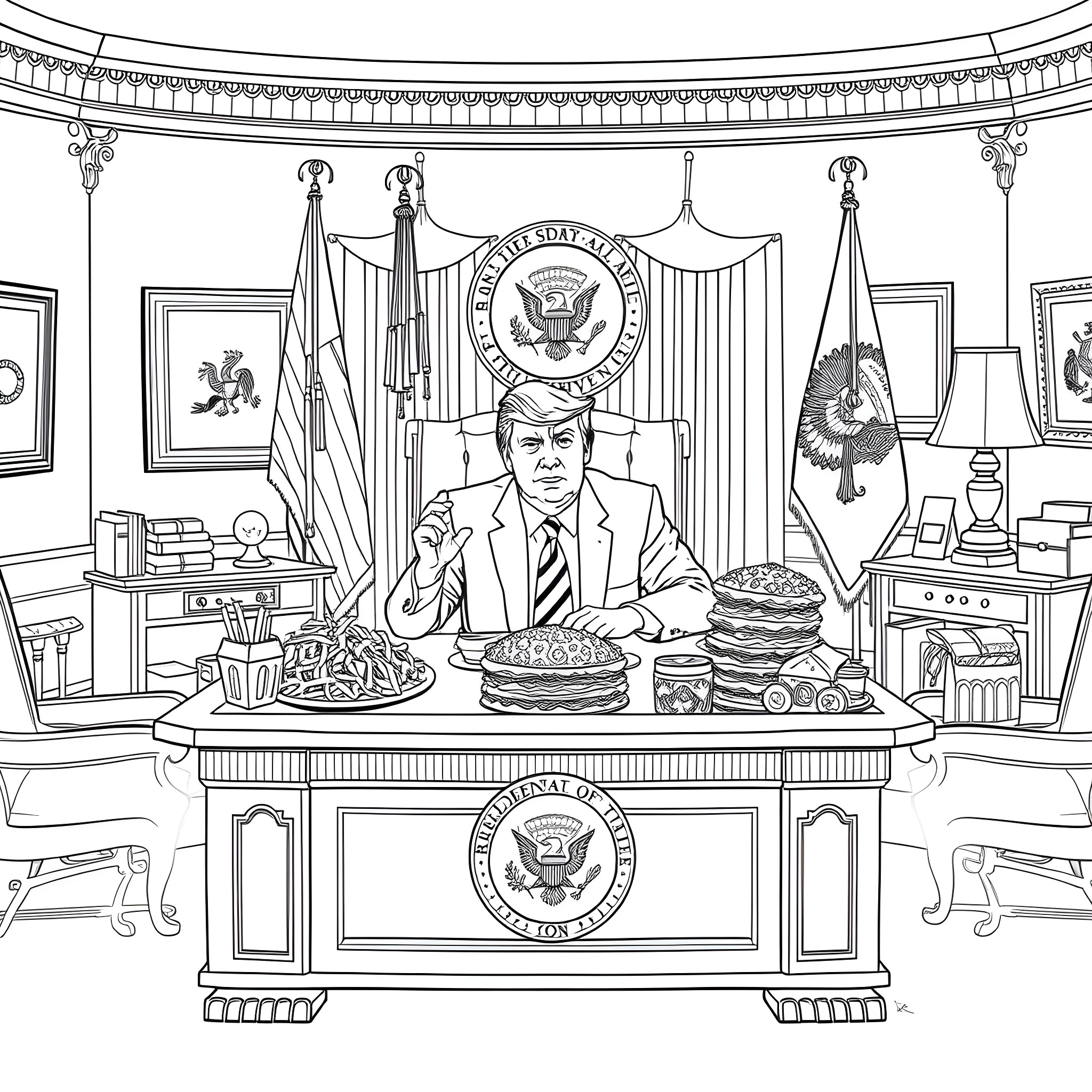 Donald Trump Eating Burgers and Fries in the Oval Office Coloring Page (free black-and-white line drawing printable PDF for all, from beginners to advanced learners, including children, teens, adults, and seniors)