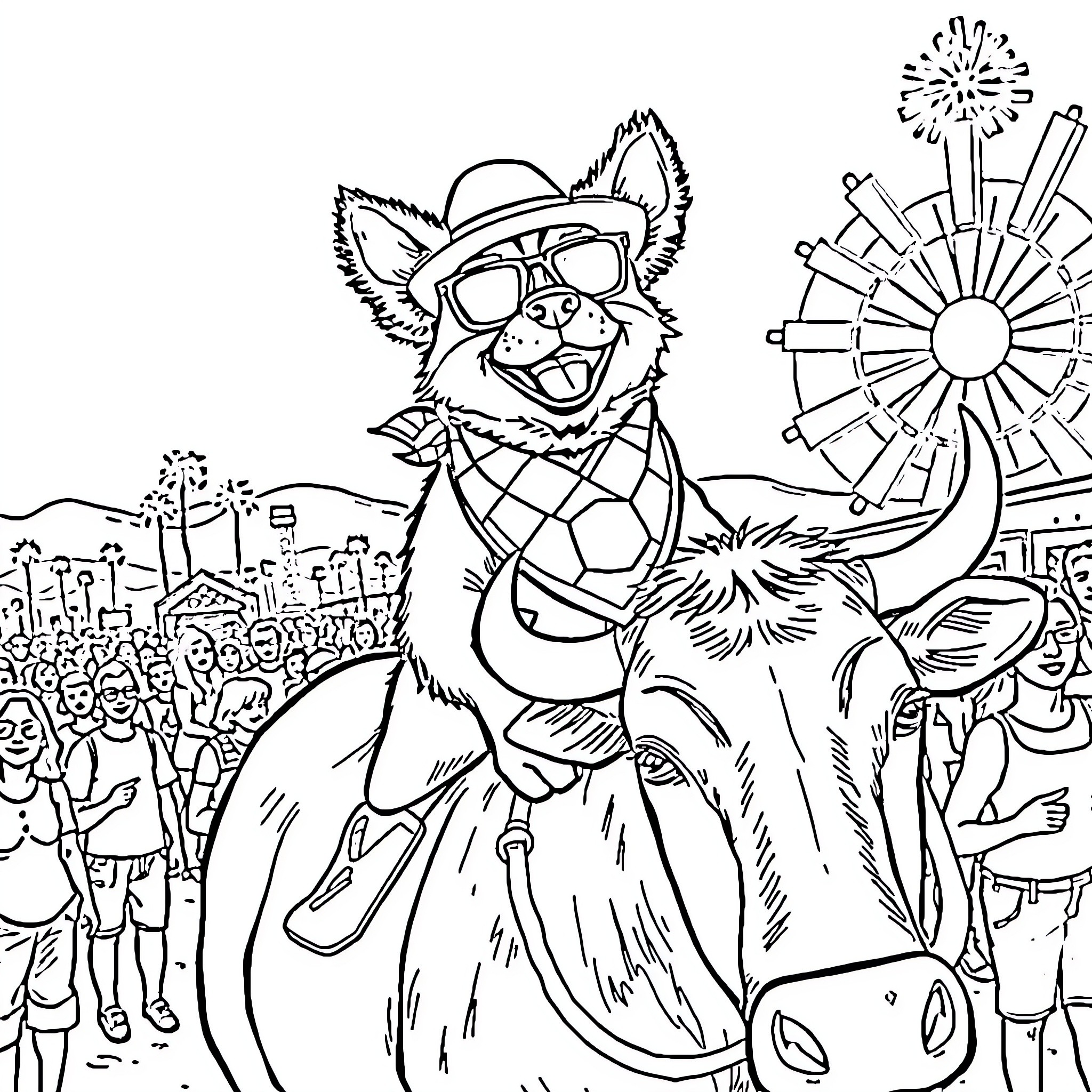 Dog riding a cow at a carnival Coloring Page (free black-and-white line drawing printable PDF for all, from beginners to advanced learners, including children, teens, adults, and seniors)