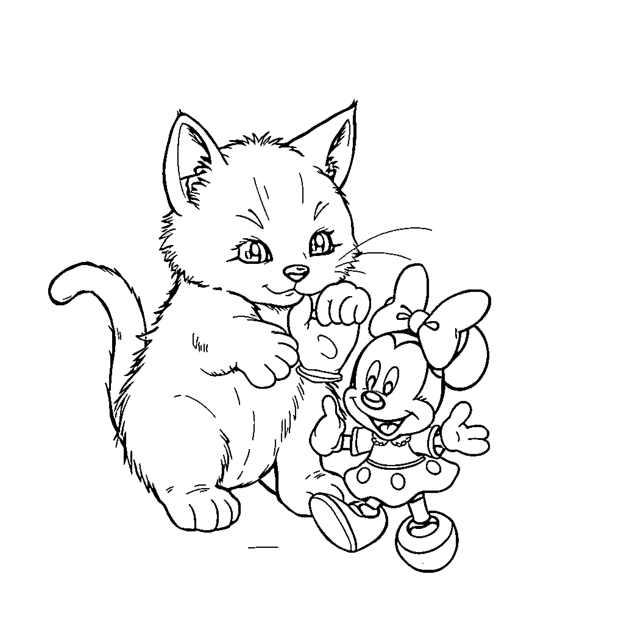 Cat interacting with Mickey Mouse character Coloring Page (free black-and-white line drawing printable PDF for all, from beginners to advanced learners, including children, teens, adults, and seniors)