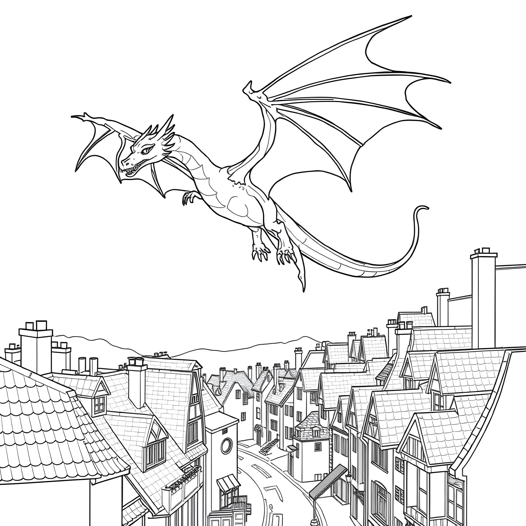 Dragon soaring over the city skyline Coloring Page (free black-and-white line drawing printable PDF for all, from beginners to advanced learners, including children, teens, adults, and seniors)
