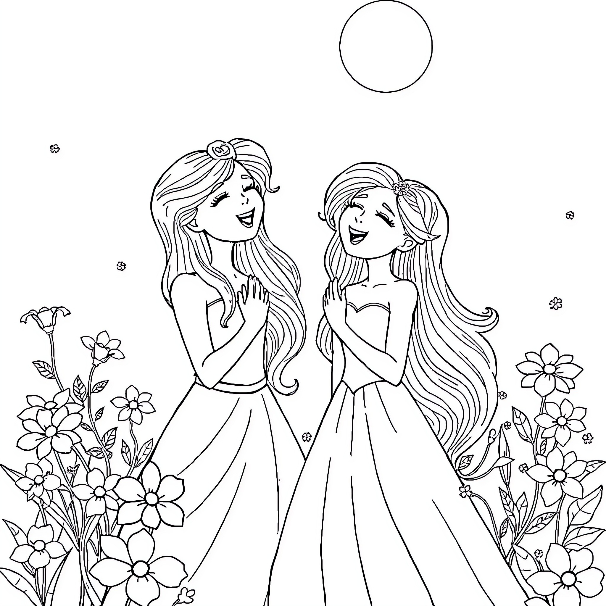 Aurore's Whimsical Sisterly Adventure Coloring Page (free black-and-white line drawing printable PDF for all, from beginners to advanced learners, including children, teens, adults, and seniors)