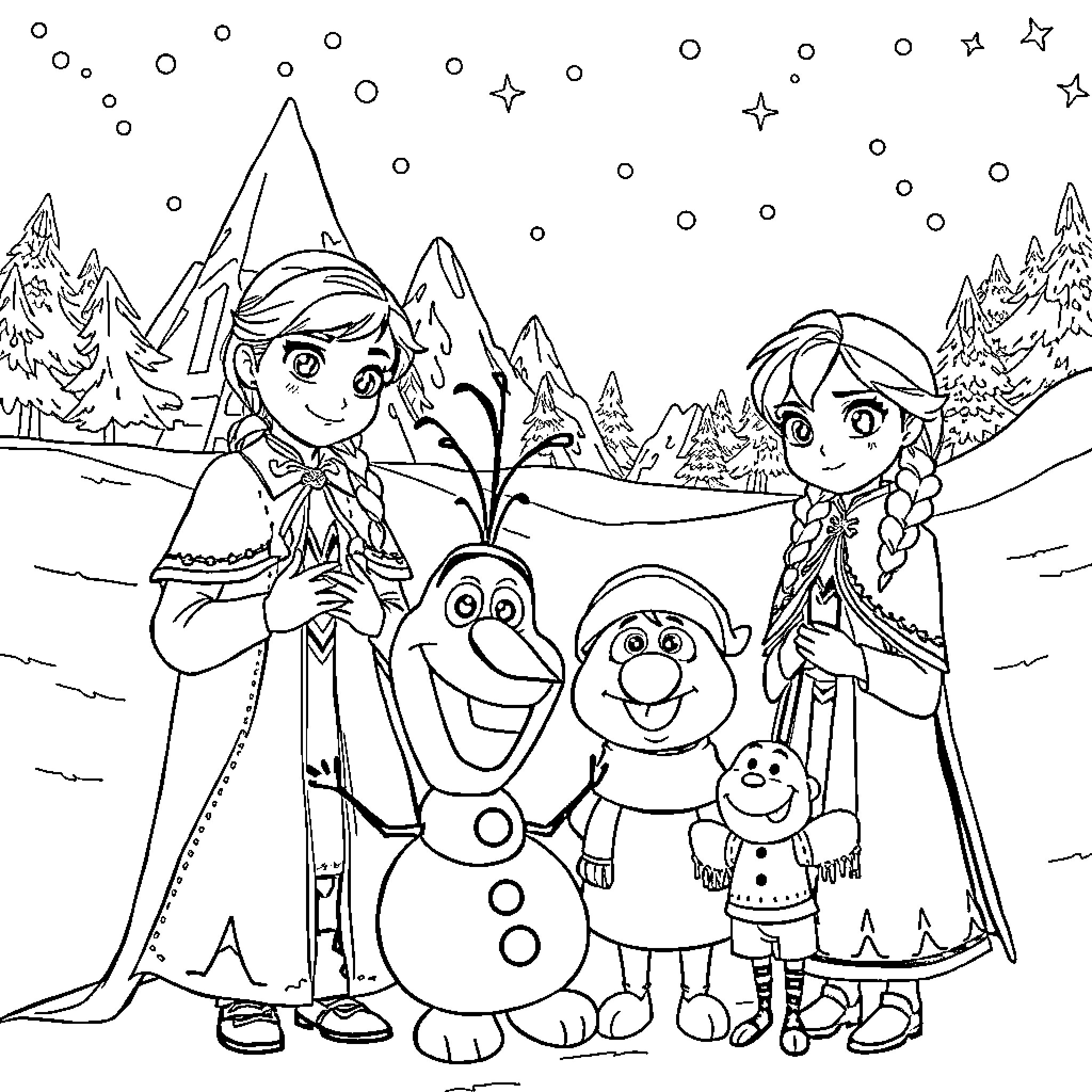 Character Figures in Snowy Winter Scene Coloring Page (free black-and-white line drawing printable PDF for all, from beginners to advanced learners, including children, teens, adults, and seniors)