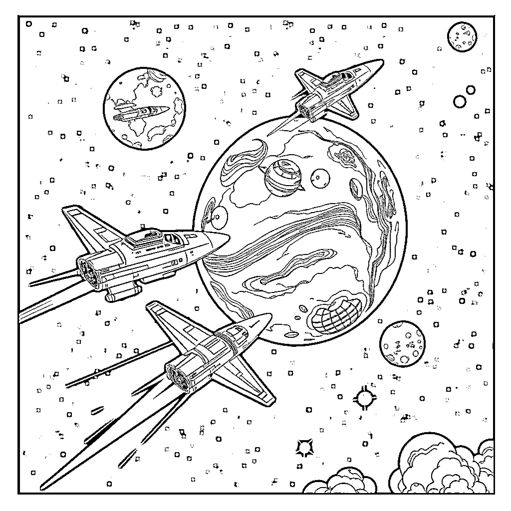 Spaceships soaring through the cosmic landscape Coloring Page (free black-and-white line drawing printable PDF for all, from beginners to advanced learners, including children, teens, adults, and seniors)