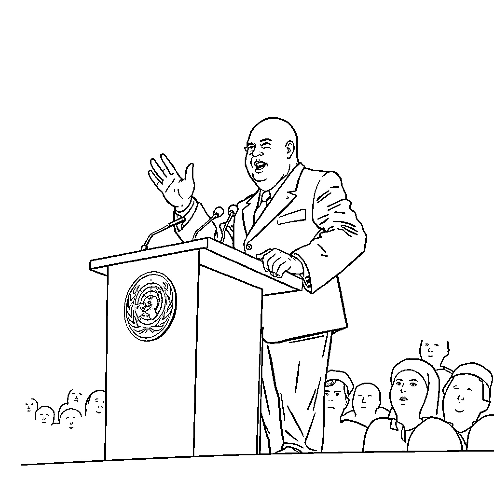 Nikita Khrushchev addressing a crowd at the United Nations Coloring Page (free black-and-white line drawing printable PDF for all, from beginners to advanced learners, including children, teens, adults, and seniors)