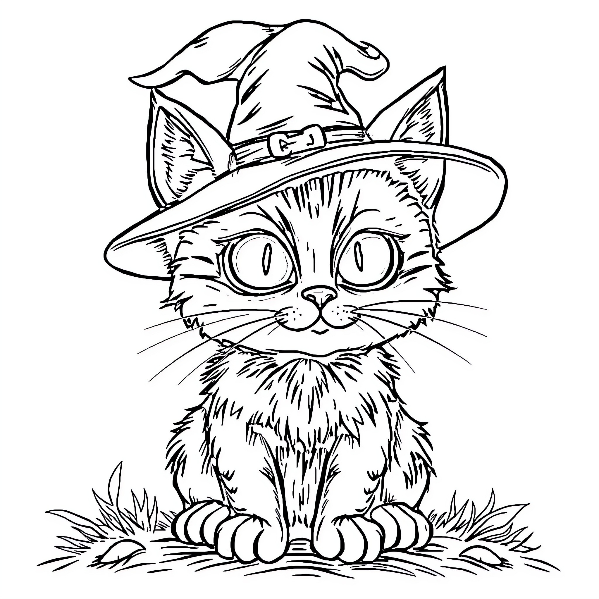 Kitty wearing a witch's hat Coloring Page (free black-and-white line drawing printable PDF for all, from beginners to advanced learners, including children, teens, adults, and seniors)