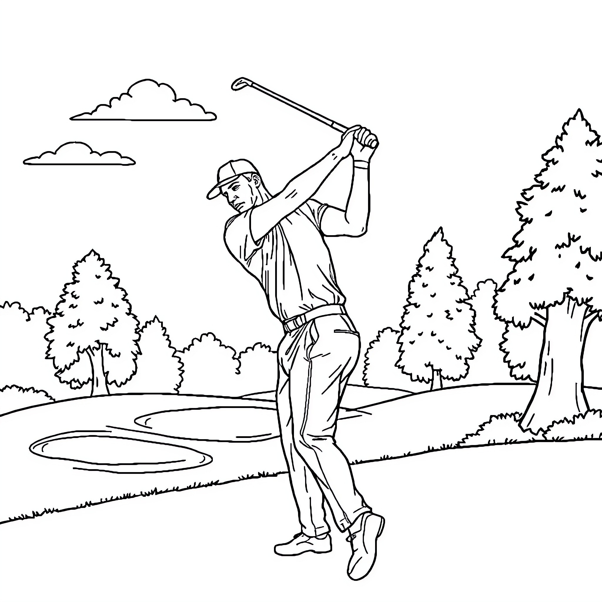 Michael Jordan Playing Golf on the Course Coloring Page (free black-and-white line drawing printable PDF for all, from beginners to advanced learners, including children, teens, adults, and seniors)