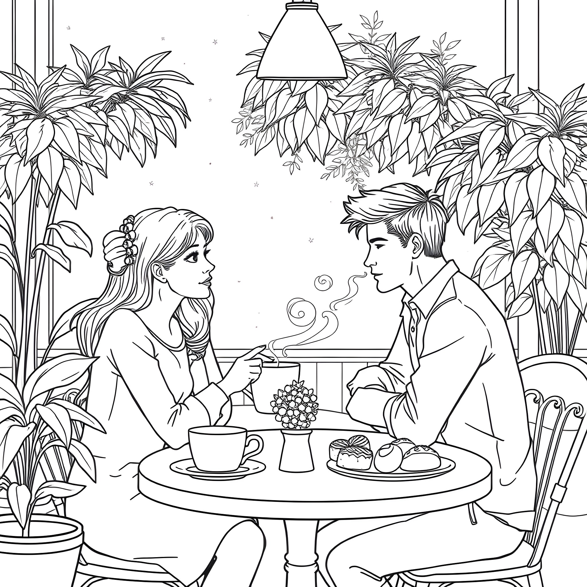 Couple Enjoying Cozy Cafe Moment Together Coloring Page (free black-and-white line drawing printable PDF for all, from beginners to advanced learners, including children, teens, adults, and seniors)