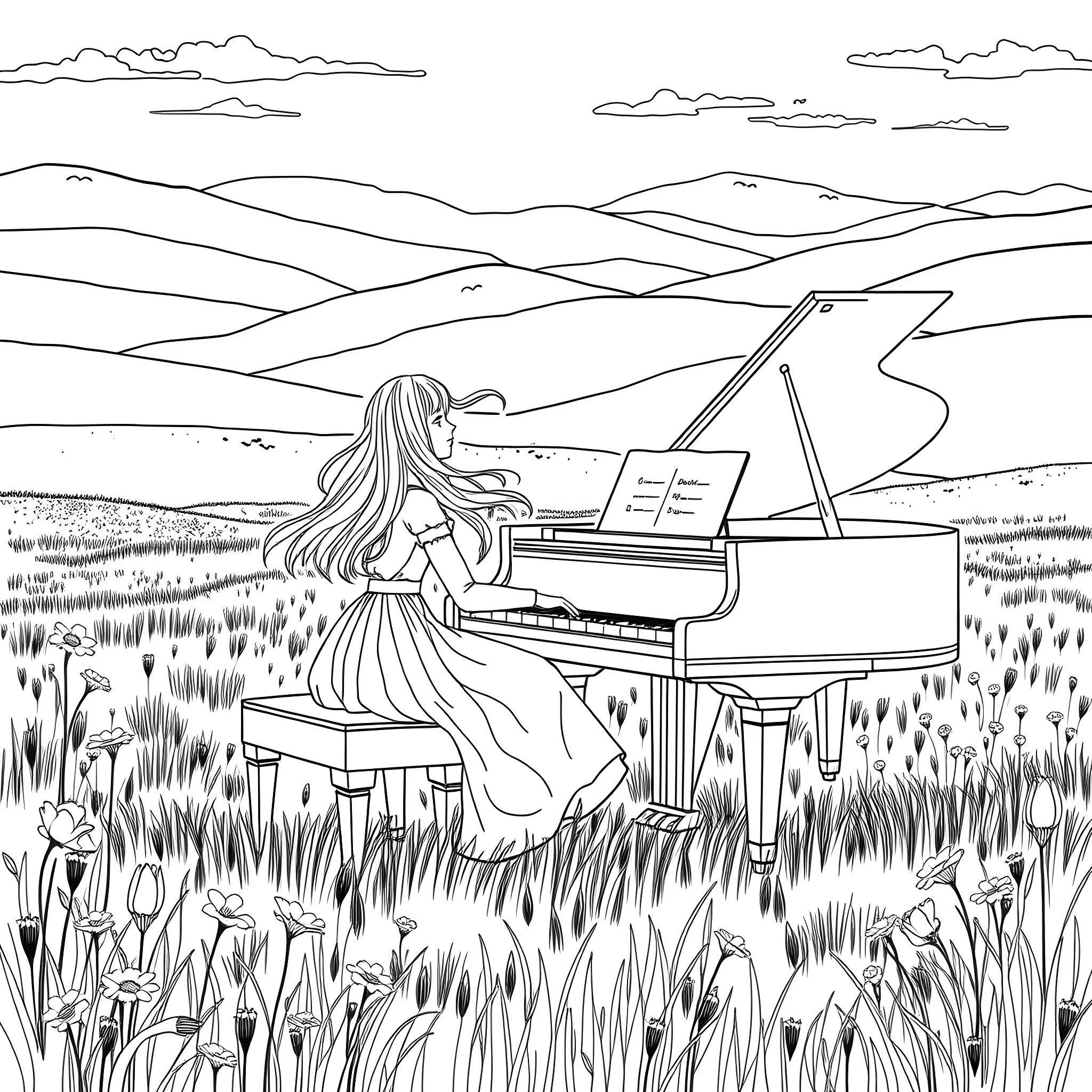 Girl playing piano in a serene countryside landscape Coloring Page (free black-and-white line drawing printable PDF for all, from beginners to advanced learners, including children, teens, adults, and seniors)