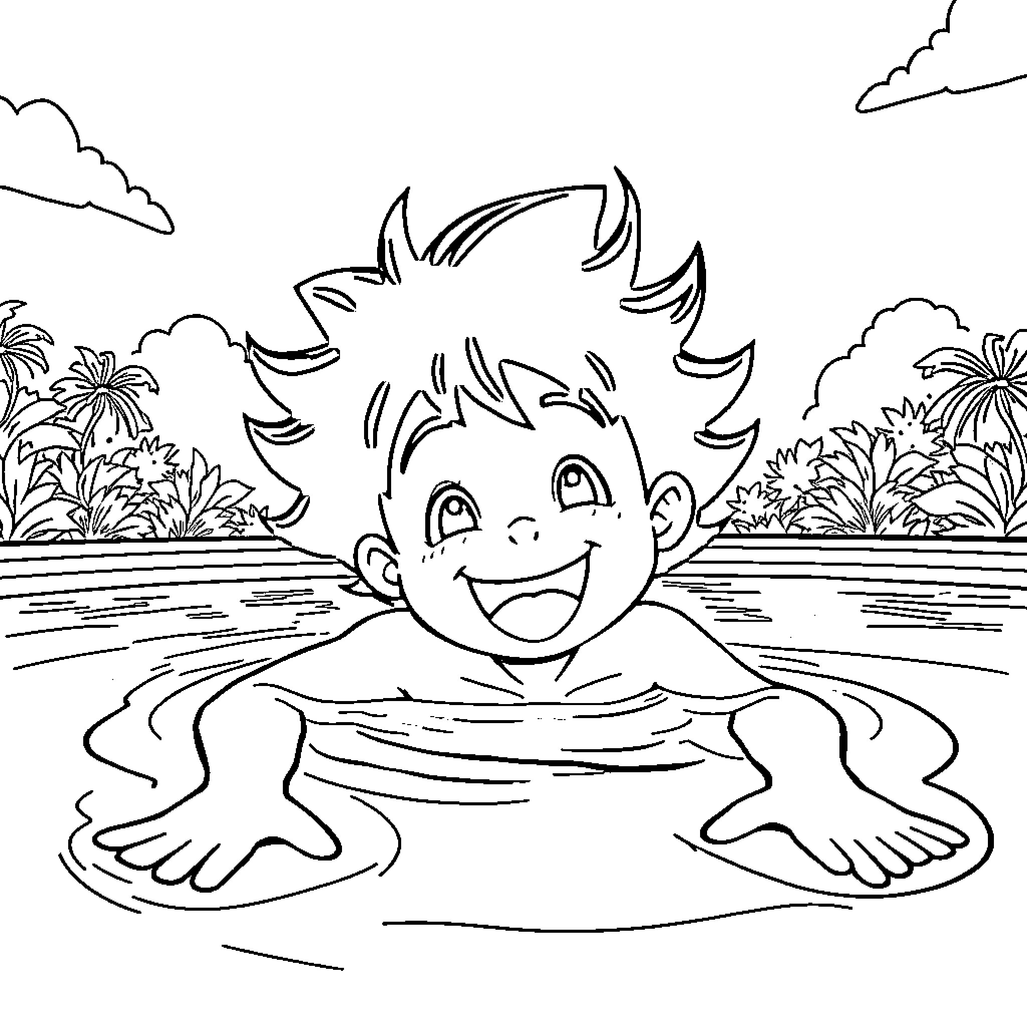 Mirio Togata enjoying a swim in the summer Coloring Page (free black-and-white line drawing printable PDF for all, from beginners to advanced learners, including children, teens, adults, and seniors)