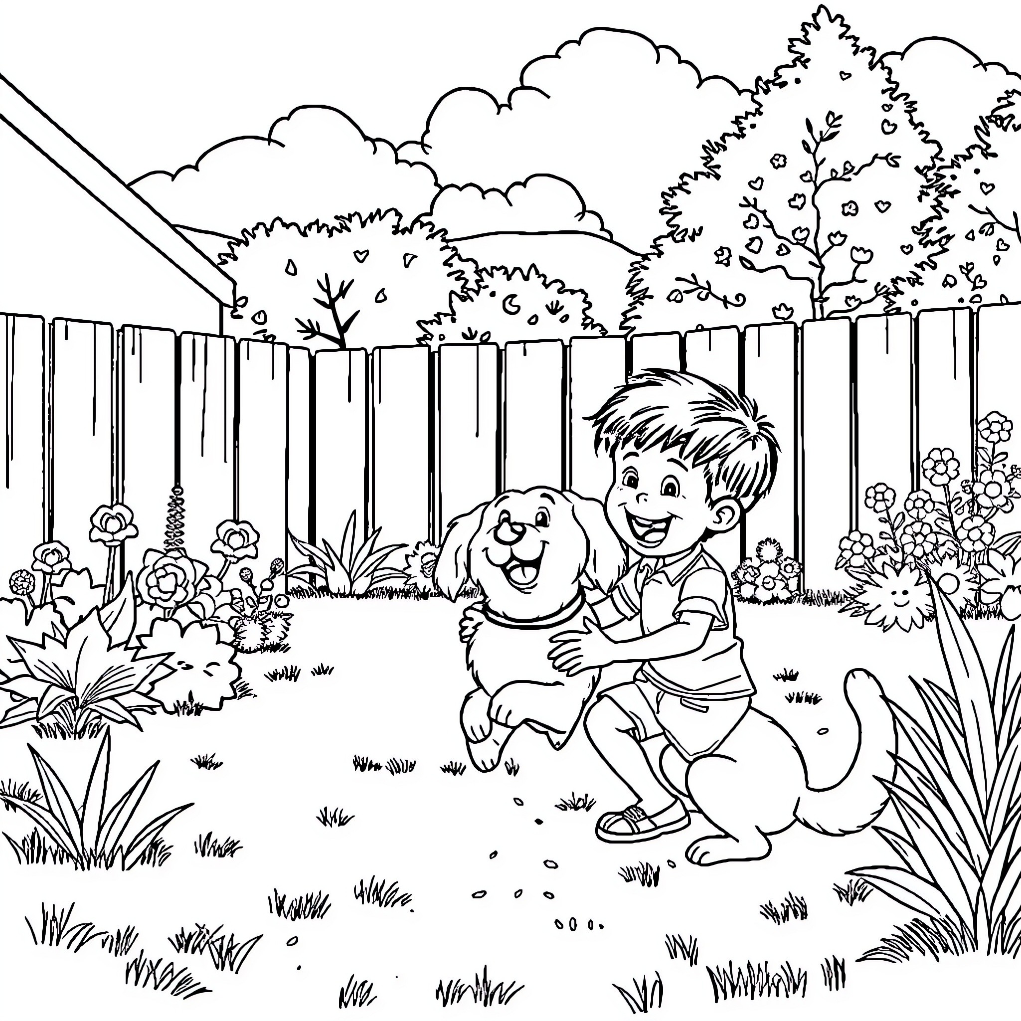 Boy playing joyfully with his dog in the garden Coloring Page (free black-and-white line drawing printable PDF for all, from beginners to advanced learners, including children, teens, adults, and seniors)