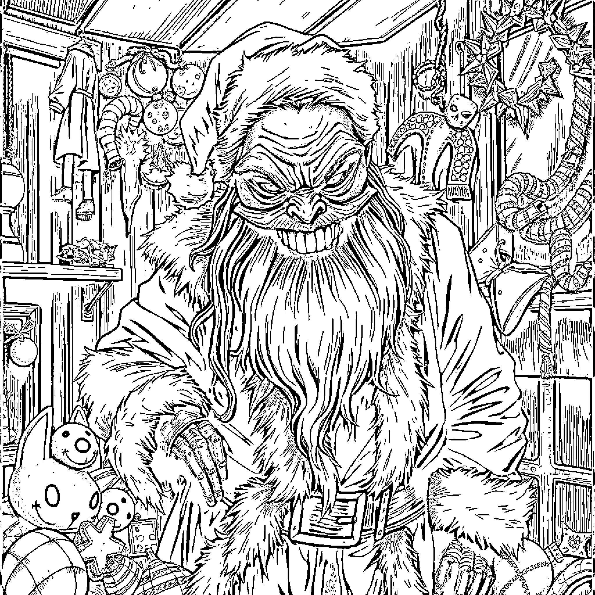 Santa Claus Gleefully Surrounded by Whimsical Decorations Coloring Page (free black-and-white line drawing printable PDF for all, from beginners to advanced learners, including children, teens, adults, and seniors)
