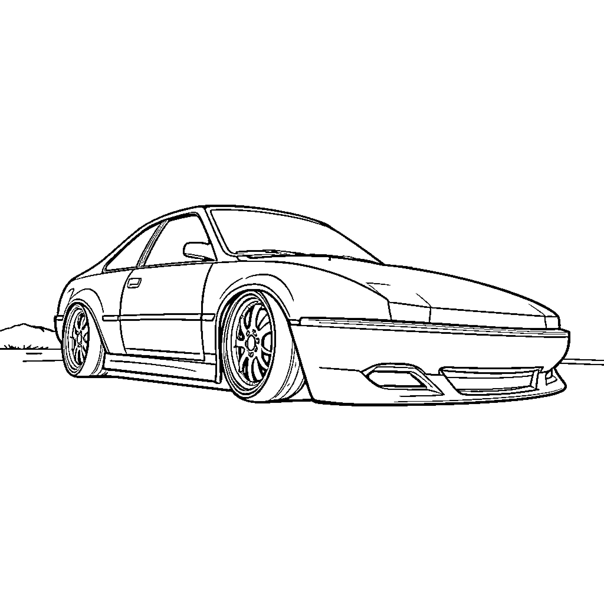 Wheel-Adorned Sports Car on the Road Coloring Page (free black-and-white line drawing printable PDF for all, from beginners to advanced learners, including children, teens, adults, and seniors)