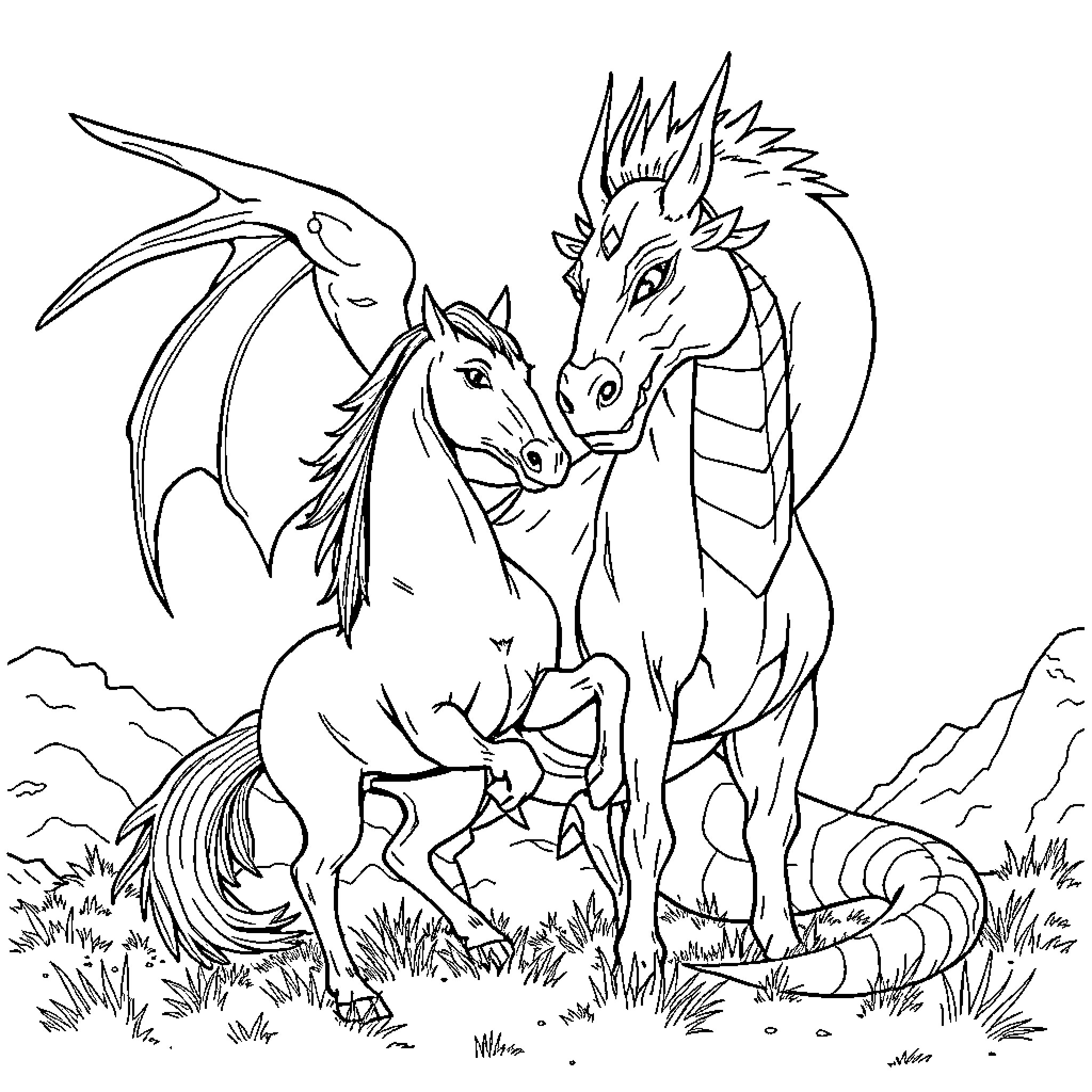Knight dragons soaring through the grasslands Coloring Page (free black-and-white line drawing printable PDF for all, from beginners to advanced learners, including children, teens, adults, and seniors)