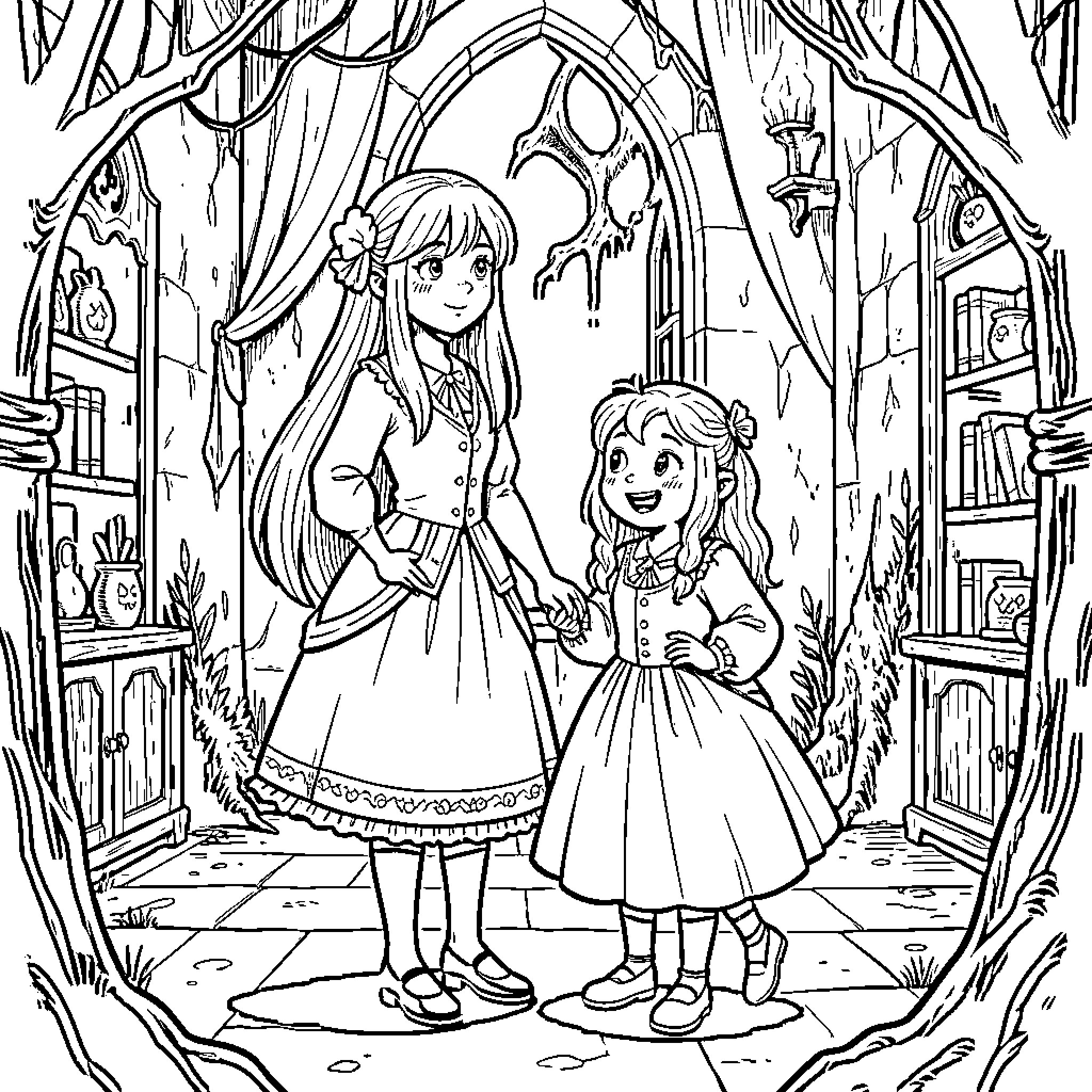 Wednesday Sisters Exploring the Enchanted Forest Coloring Page (free black-and-white line drawing printable PDF for all, from beginners to advanced learners, including children, teens, adults, and seniors)