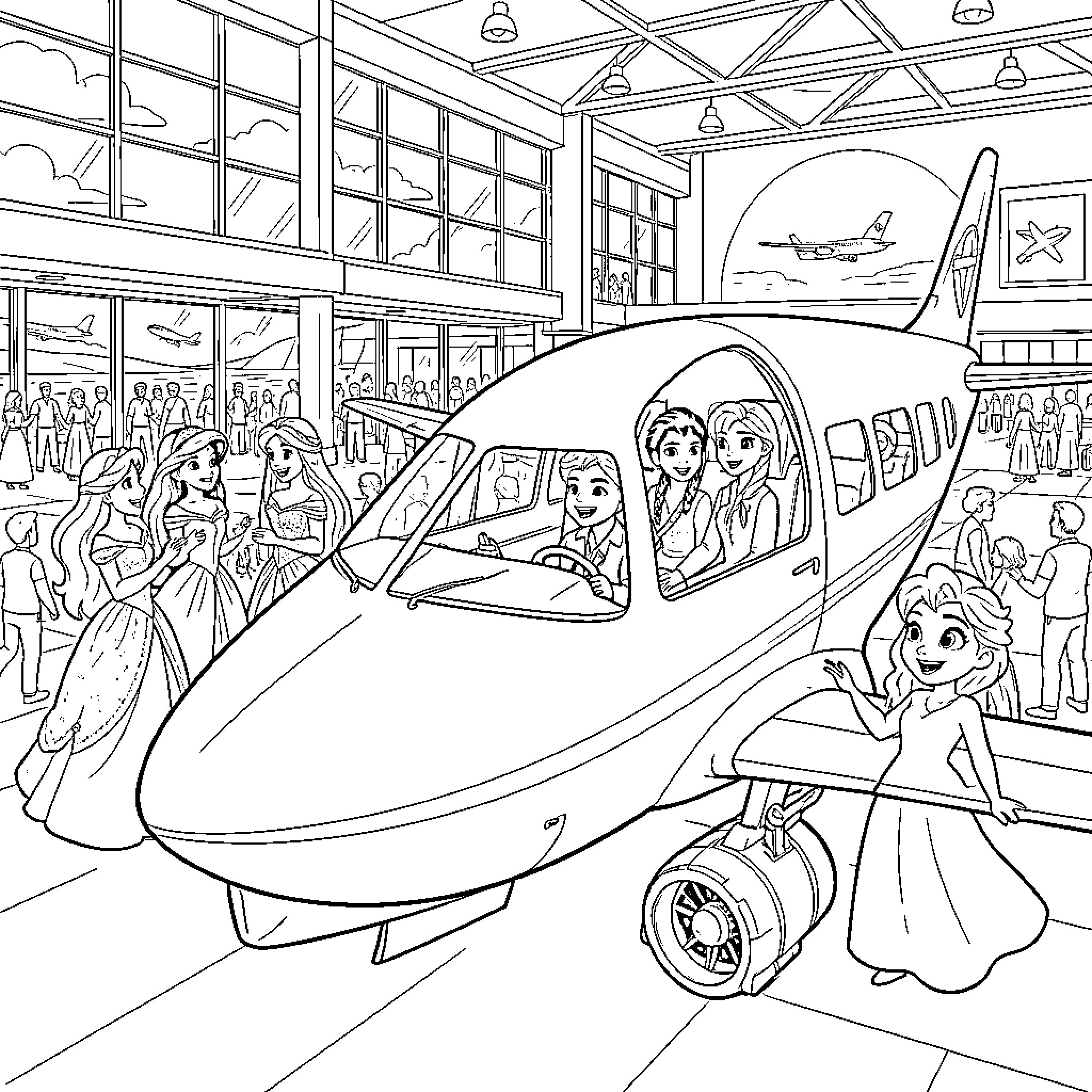Raya and Friends at the Airport Terminal Coloring Page (free black-and-white line drawing printable PDF for all, from beginners to advanced learners, including children, teens, adults, and seniors)