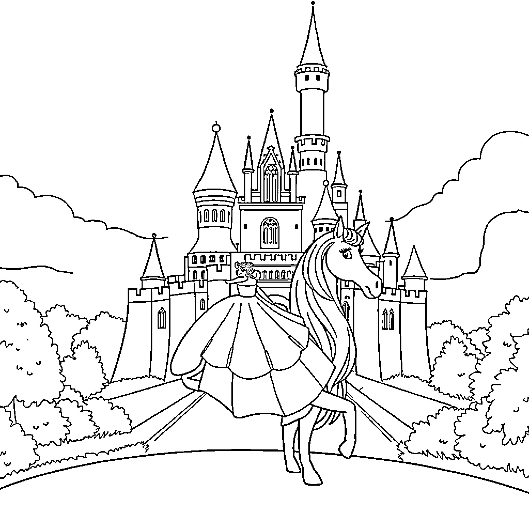 Princess and her Enchanted Castle Coloring Page (free black-and-white line drawing printable PDF for all, from beginners to advanced learners, including children, teens, adults, and seniors)