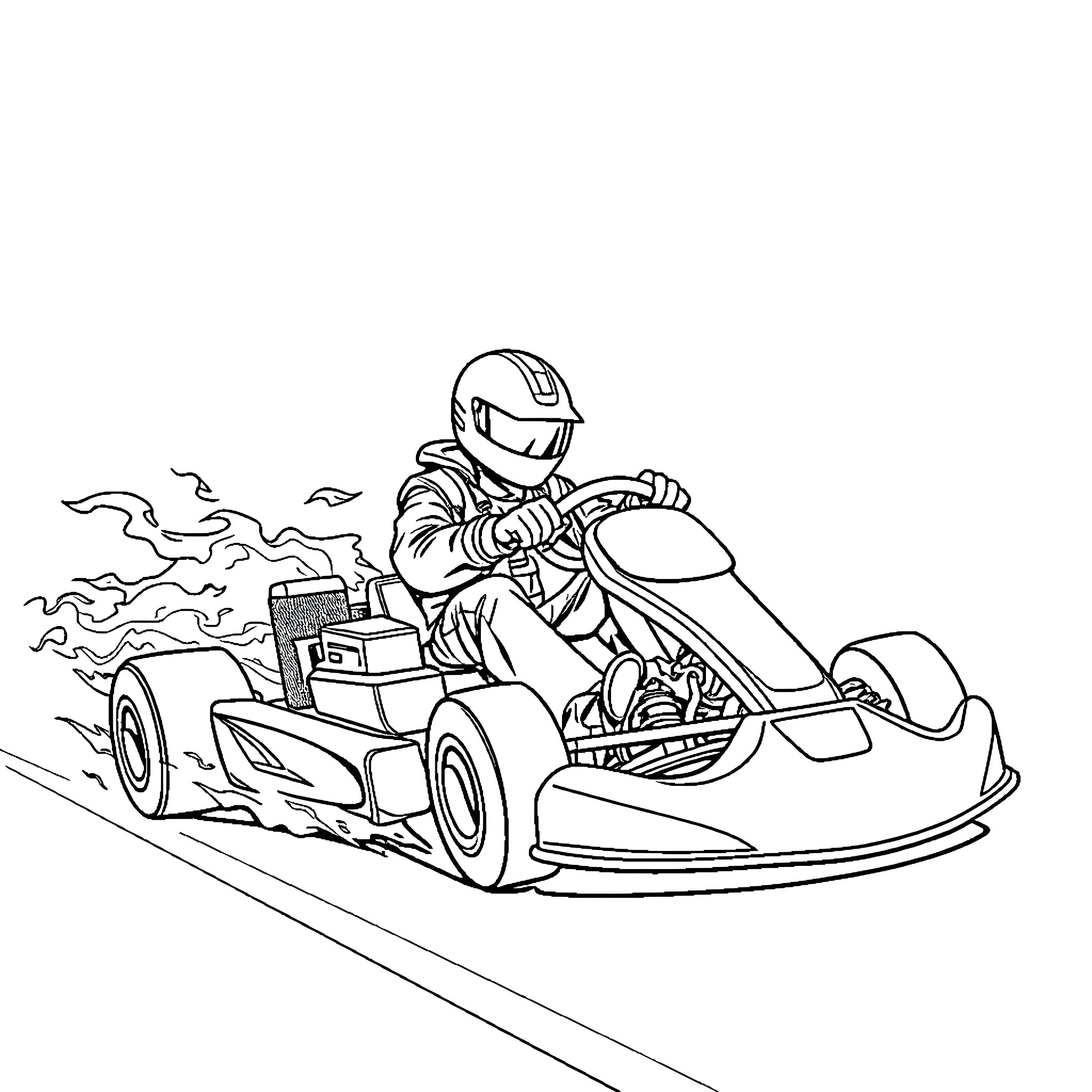 Go Kart Racer Speeding Down the Track Coloring Page (free black-and-white line drawing printable PDF for all, from beginners to advanced learners, including children, teens, adults, and seniors)