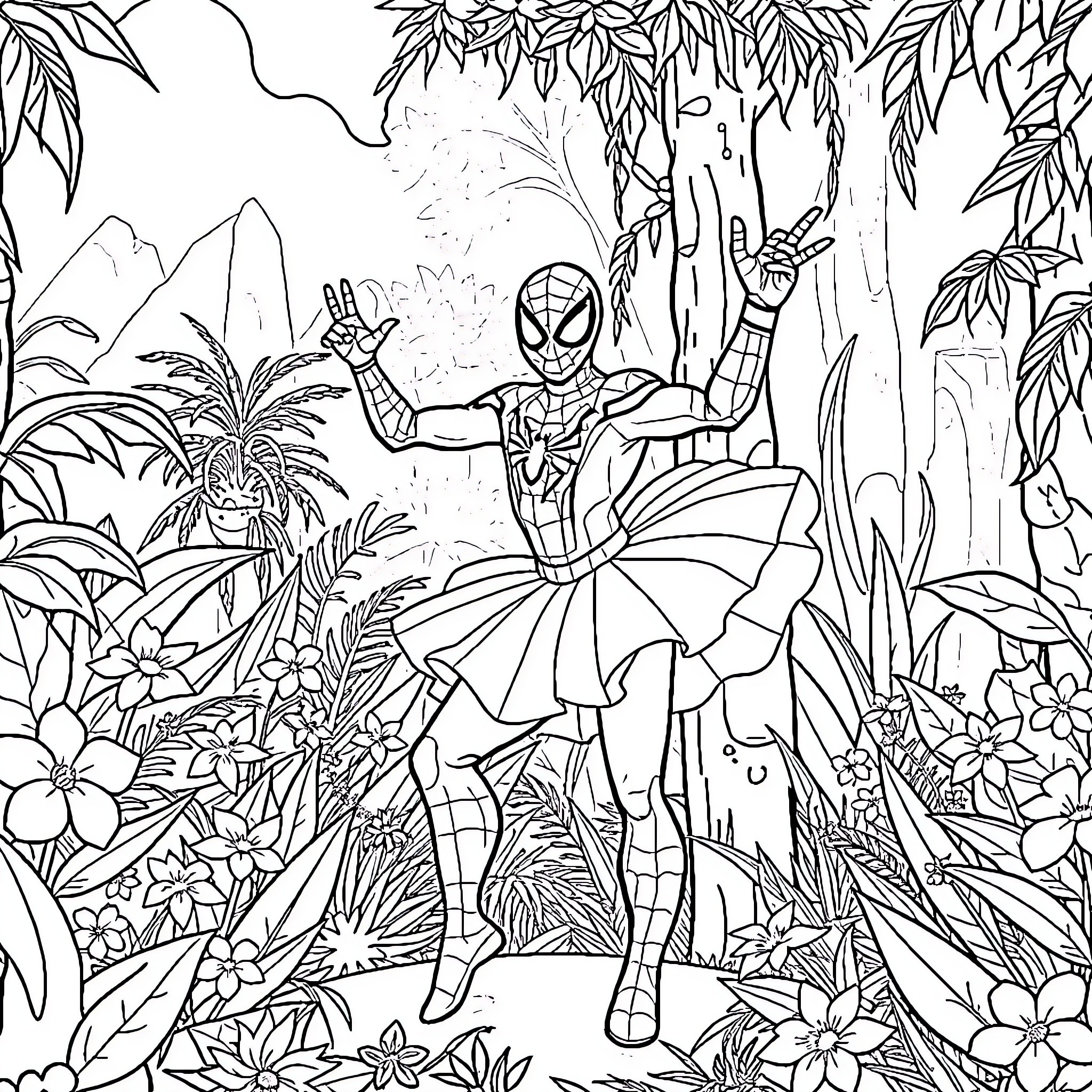 Spiderman exploring the lush jungle landscape Coloring Page (free black-and-white line drawing printable PDF for all, from beginners to advanced learners, including children, teens, adults, and seniors)