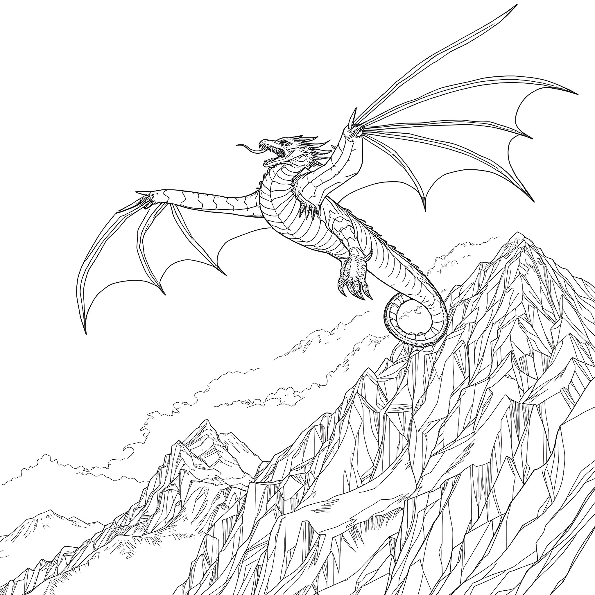 Dragon soaring over rugged mountain landscape Coloring Page (free black-and-white line drawing printable PDF for all, from beginners to advanced learners, including children, teens, adults, and seniors)