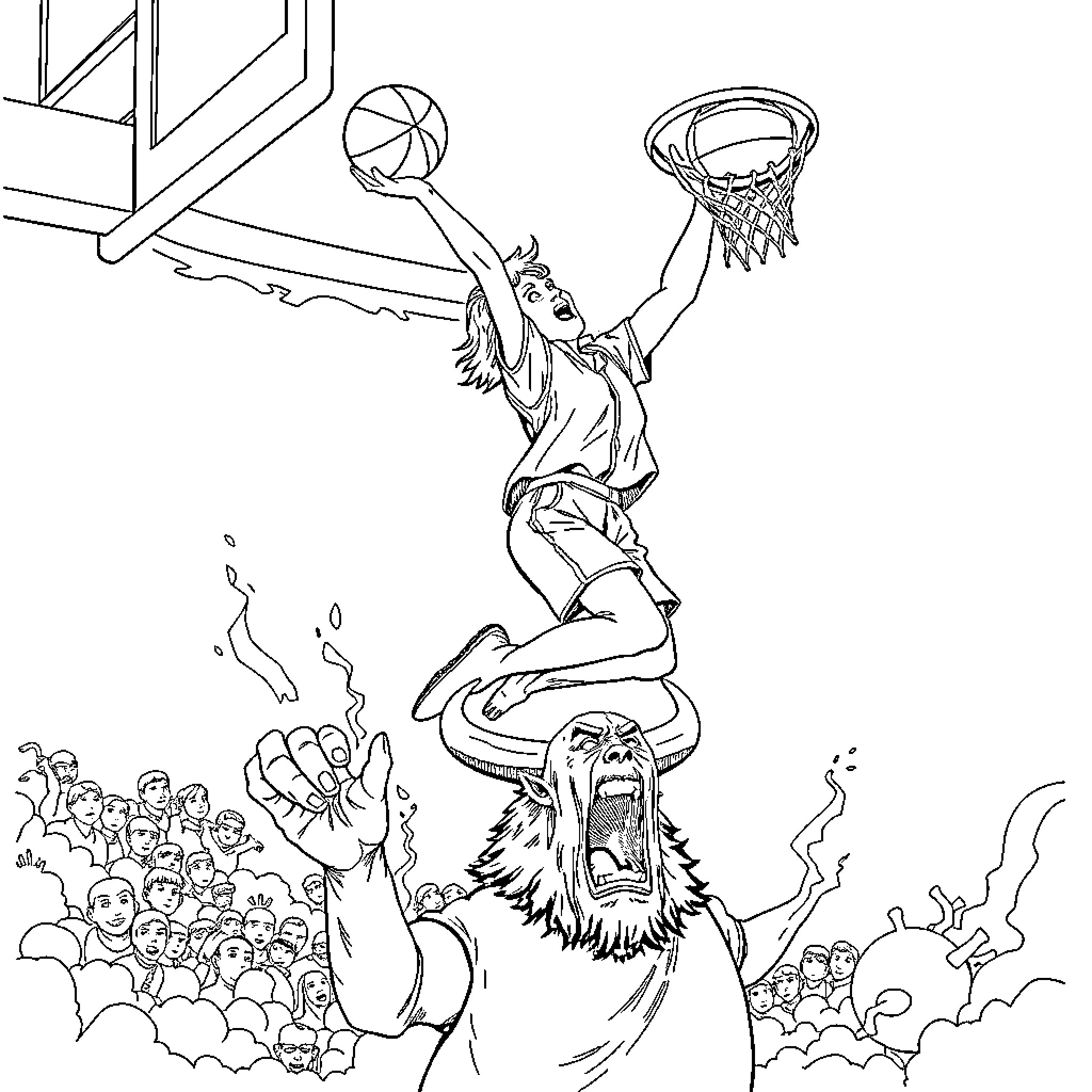 Leslie Knope Triumphantly Dunking Basketball in Crowd Coloring Page (free black-and-white line drawing printable PDF for all, from beginners to advanced learners, including children, teens, adults, and seniors)