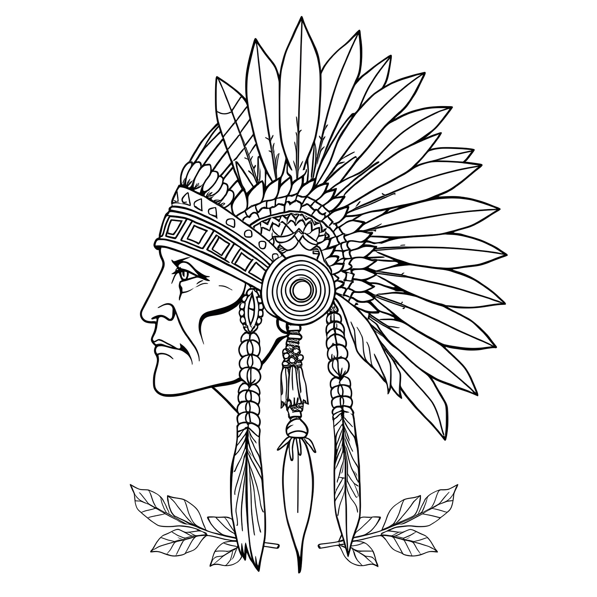 War Bonnet Featuring Tribal Headdress and Ornaments Coloring Page (free black-and-white line drawing printable PDF for all, from beginners to advanced learners, including children, teens, adults, and seniors)