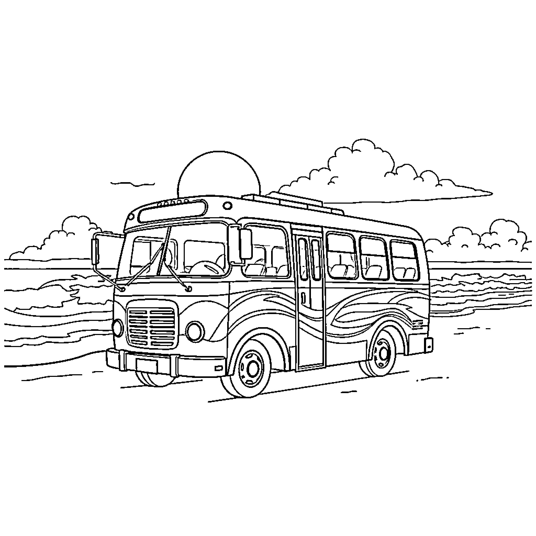 Bus traveling on the open road Coloring Page (free black-and-white line drawing printable PDF for all, from beginners to advanced learners, including children, teens, adults, and seniors)