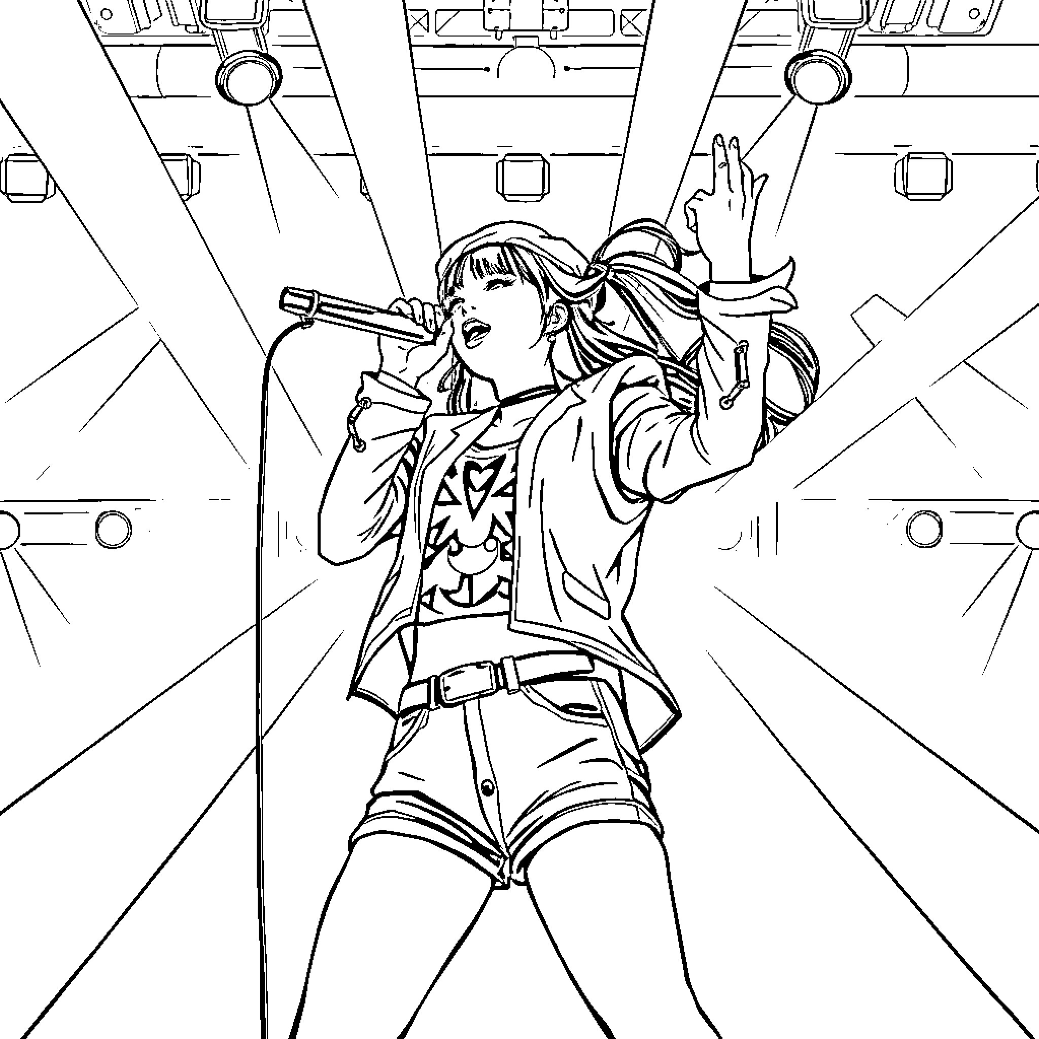 Kpop Hunter Performing on Stage with Passion Coloring Page (free black-and-white line drawing printable PDF for all, from beginners to advanced learners, including children, teens, adults, and seniors)