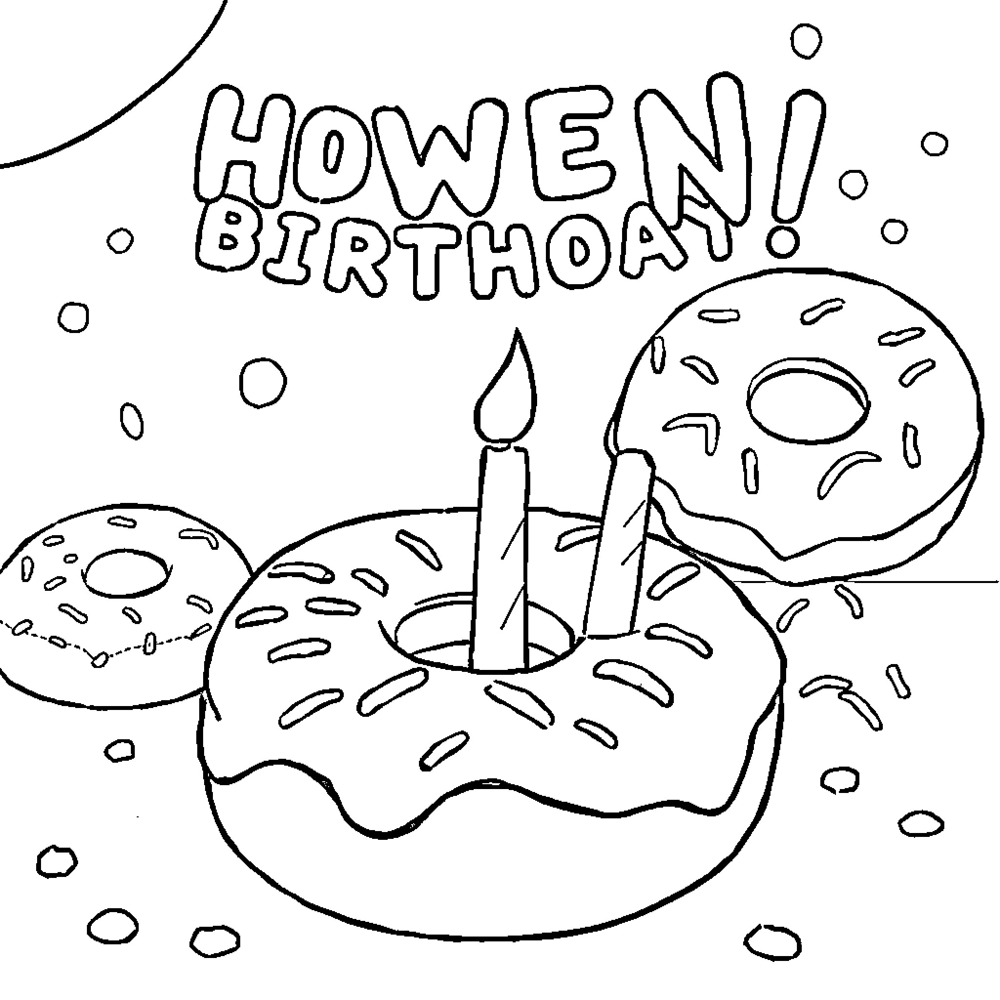 Donut Birthday Celebration Coloring Page (free black-and-white line drawing printable PDF for all, from beginners to advanced learners, including children, teens, adults, and seniors)