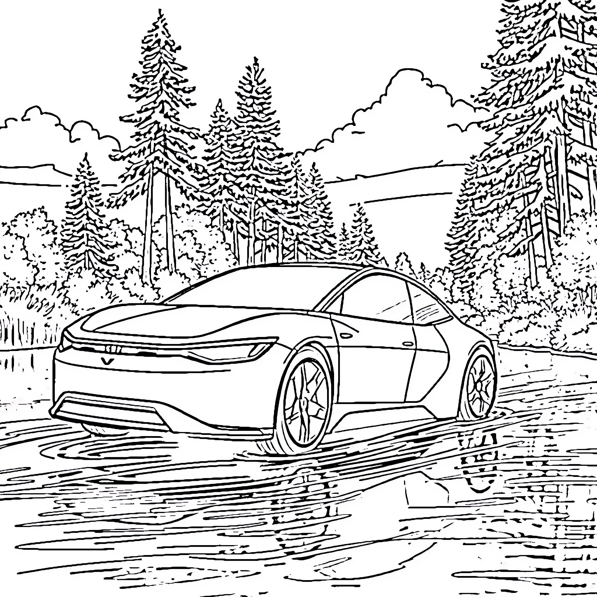 Electric Car Exploring the Scenic Forest Coloring Page (free black-and-white line drawing printable PDF for all, from beginners to advanced learners, including children, teens, adults, and seniors)