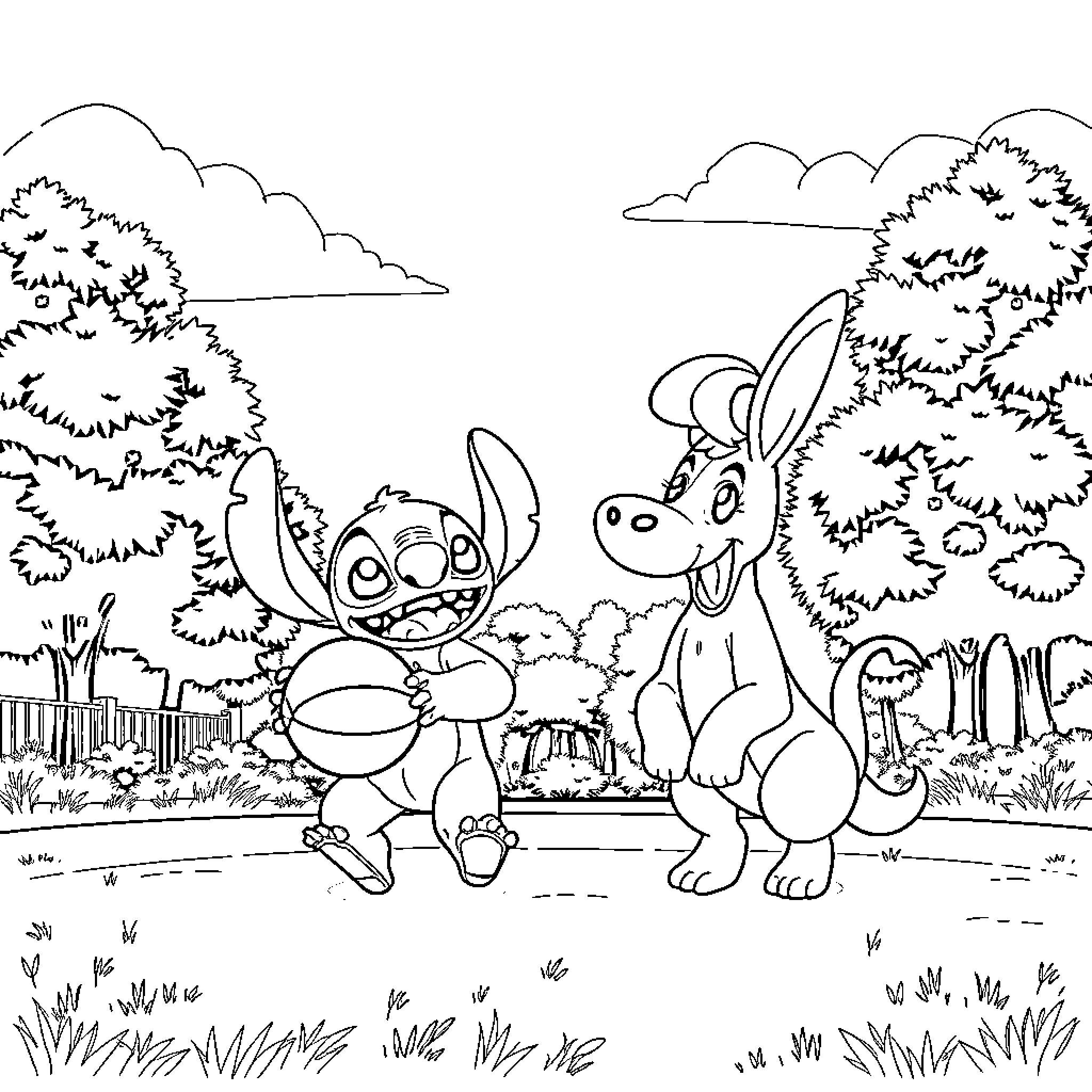 Stitch and dog playing happily in the forest Coloring Page (free black-and-white line drawing printable PDF for all, from beginners to advanced learners, including children, teens, adults, and seniors)