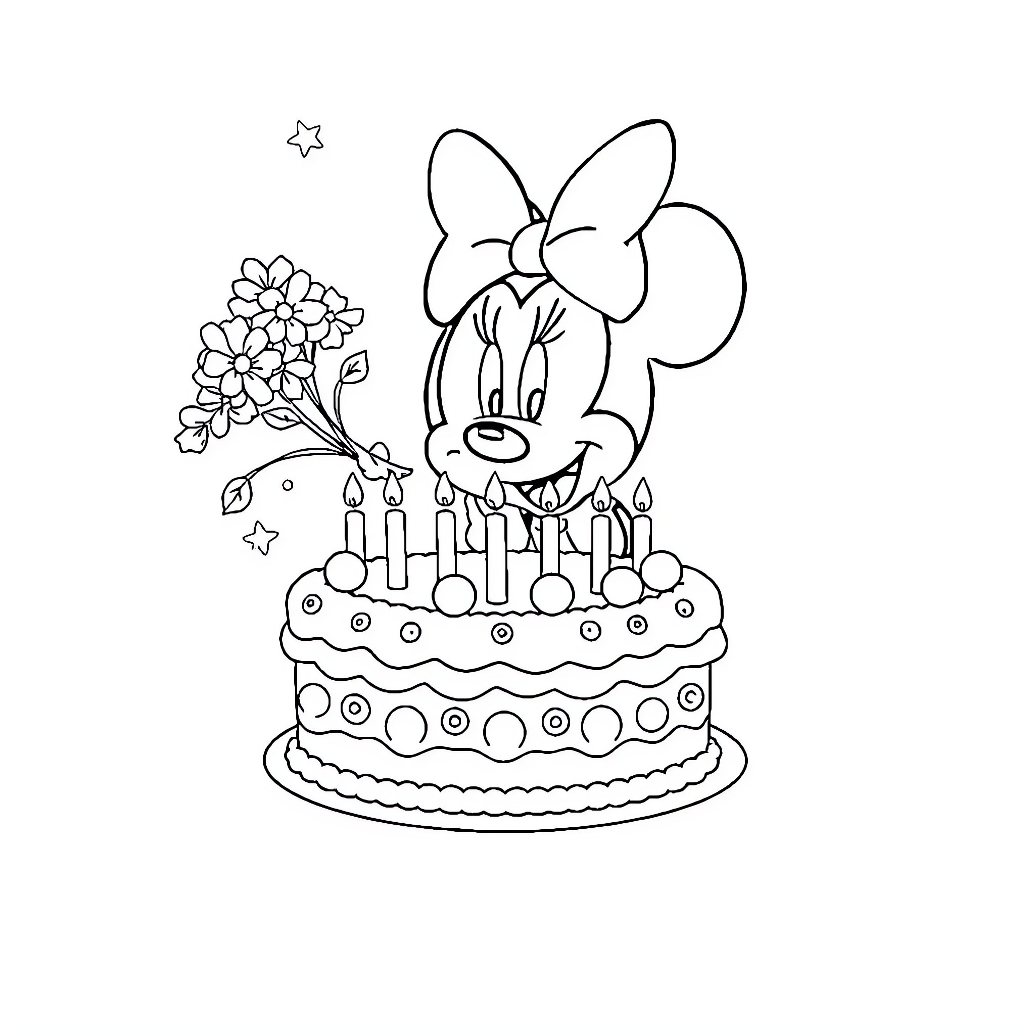 Minnie celebrates with a birthday cake Coloring Page (free black-and-white line drawing printable PDF for all, from beginners to advanced learners, including children, teens, adults, and seniors)