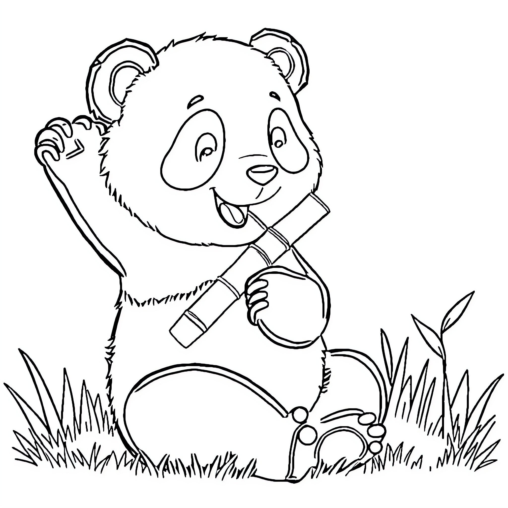 Panda bear playing with fishing pole in nature Coloring Page (free black-and-white line drawing printable PDF for all, from beginners to advanced learners, including children, teens, adults, and seniors)