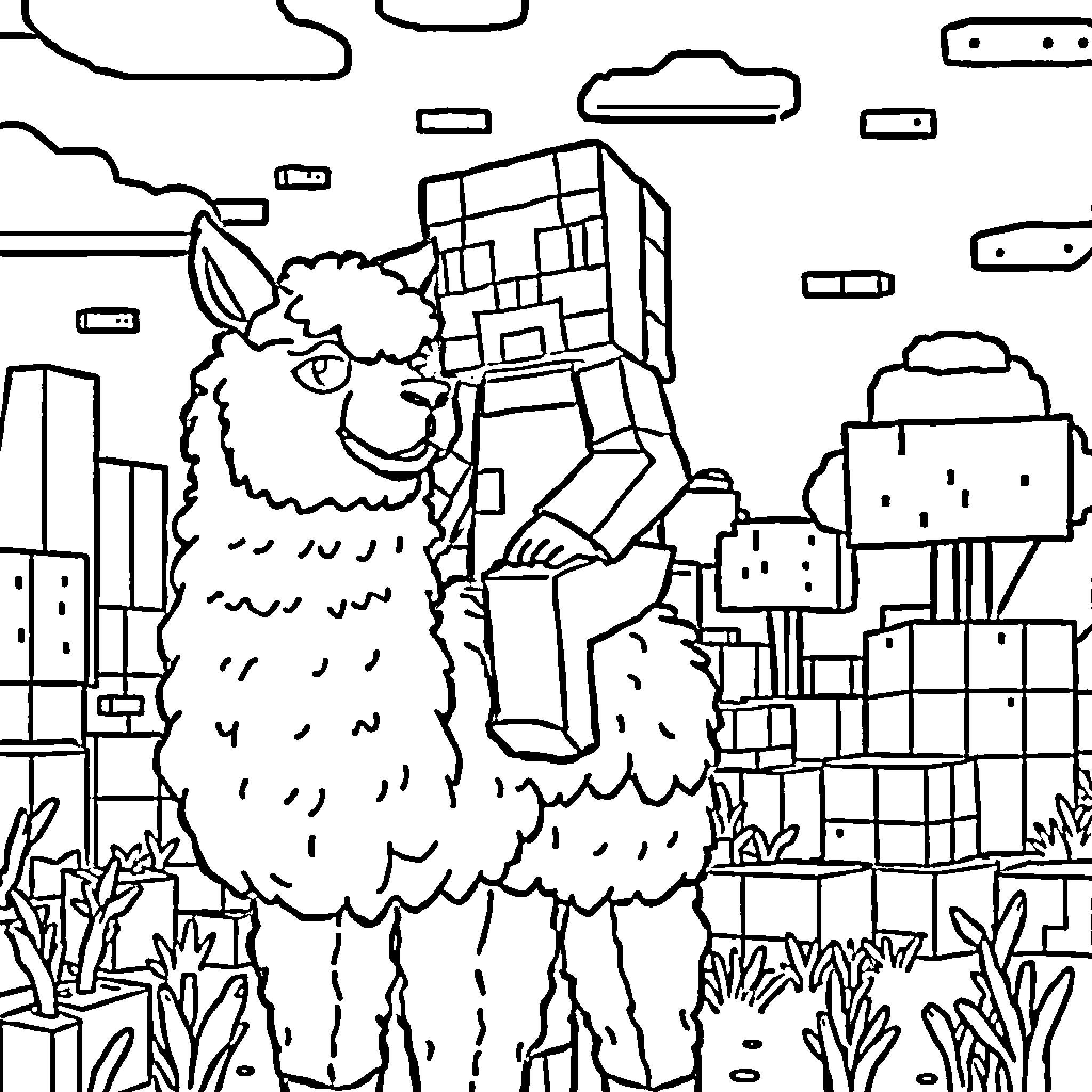 Creeper Llama exploring the urban landscape Coloring Page (free black-and-white line drawing printable PDF for all, from beginners to advanced learners, including children, teens, adults, and seniors)