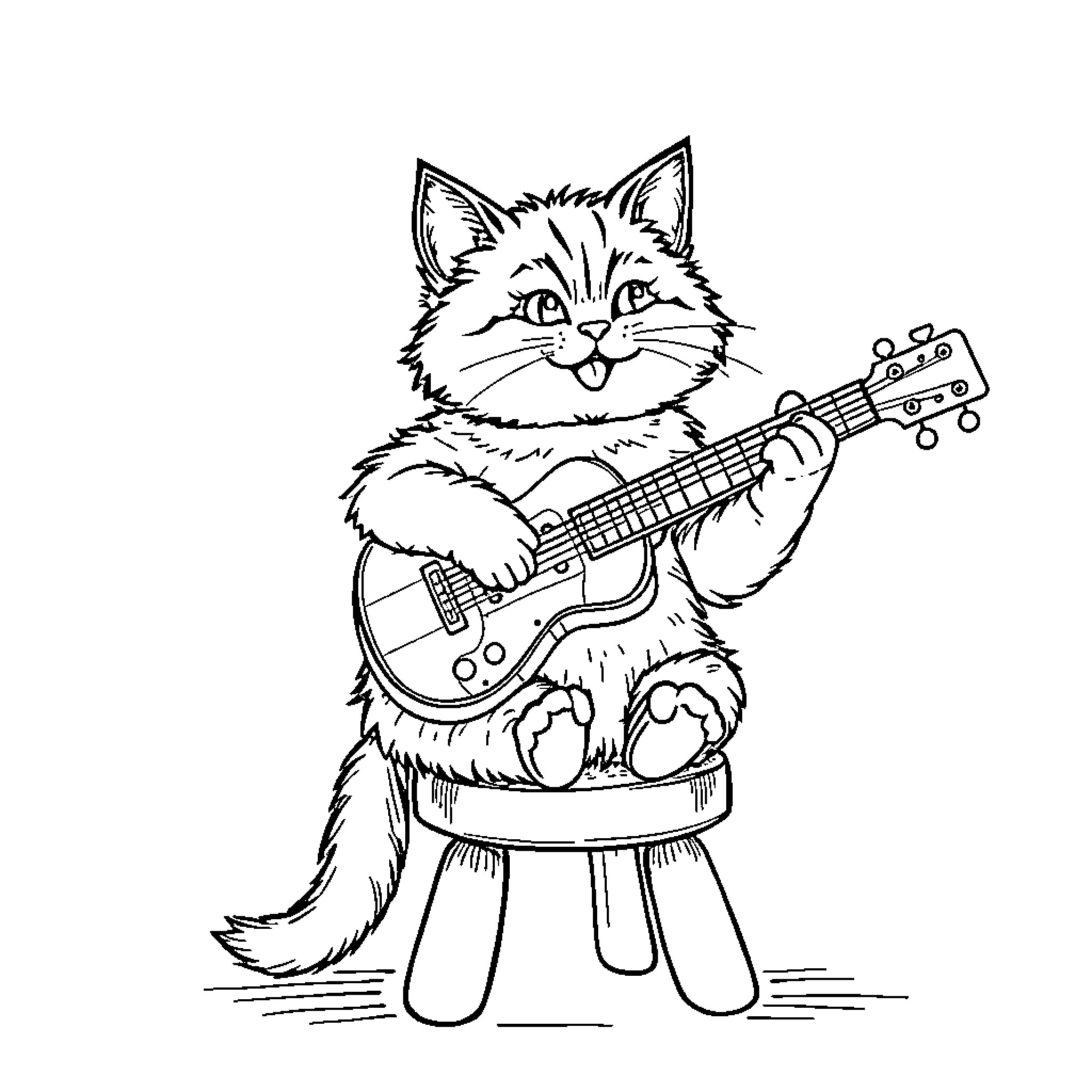 Cat playing guitar with enthusiasm Coloring Page (free black-and-white line drawing printable PDF for all, from beginners to advanced learners, including children, teens, adults, and seniors)