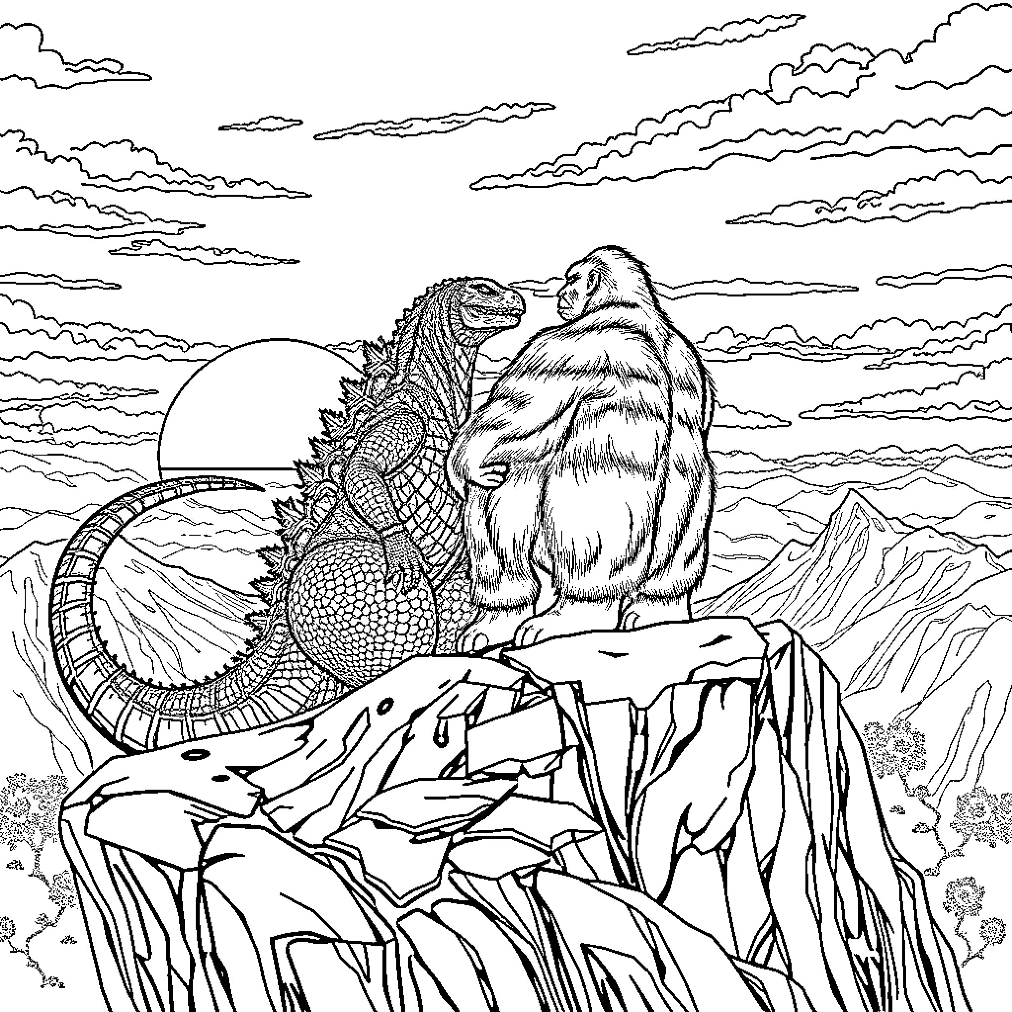 Godzilla and Bigfoot Encounter in the Mountain Landscape Coloring Page (free black-and-white line drawing printable PDF for all, from beginners to advanced learners, including children, teens, adults, and seniors)