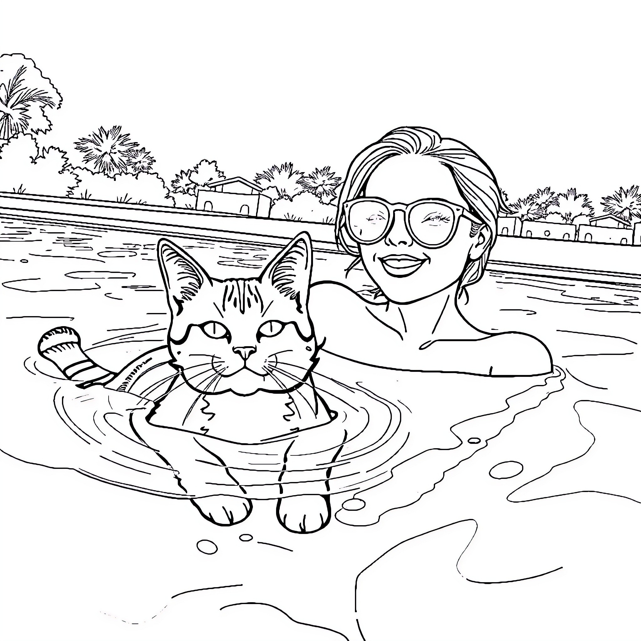 Gato and human enjoying pool time together Coloring Page (free black-and-white line drawing printable PDF for all, from beginners to advanced learners, including children, teens, adults, and seniors)