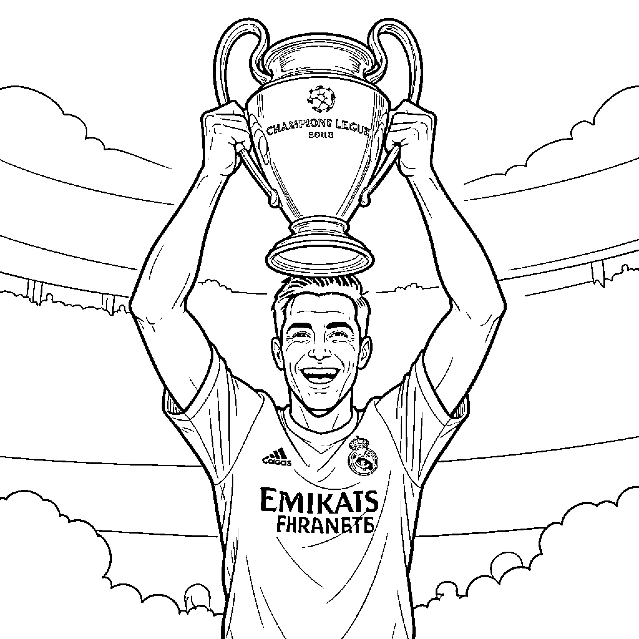 Real Madrid player celebrates Champions League trophy win Coloring Page (free black-and-white line drawing printable PDF for all, from beginners to advanced learners, including children, teens, adults, and seniors)