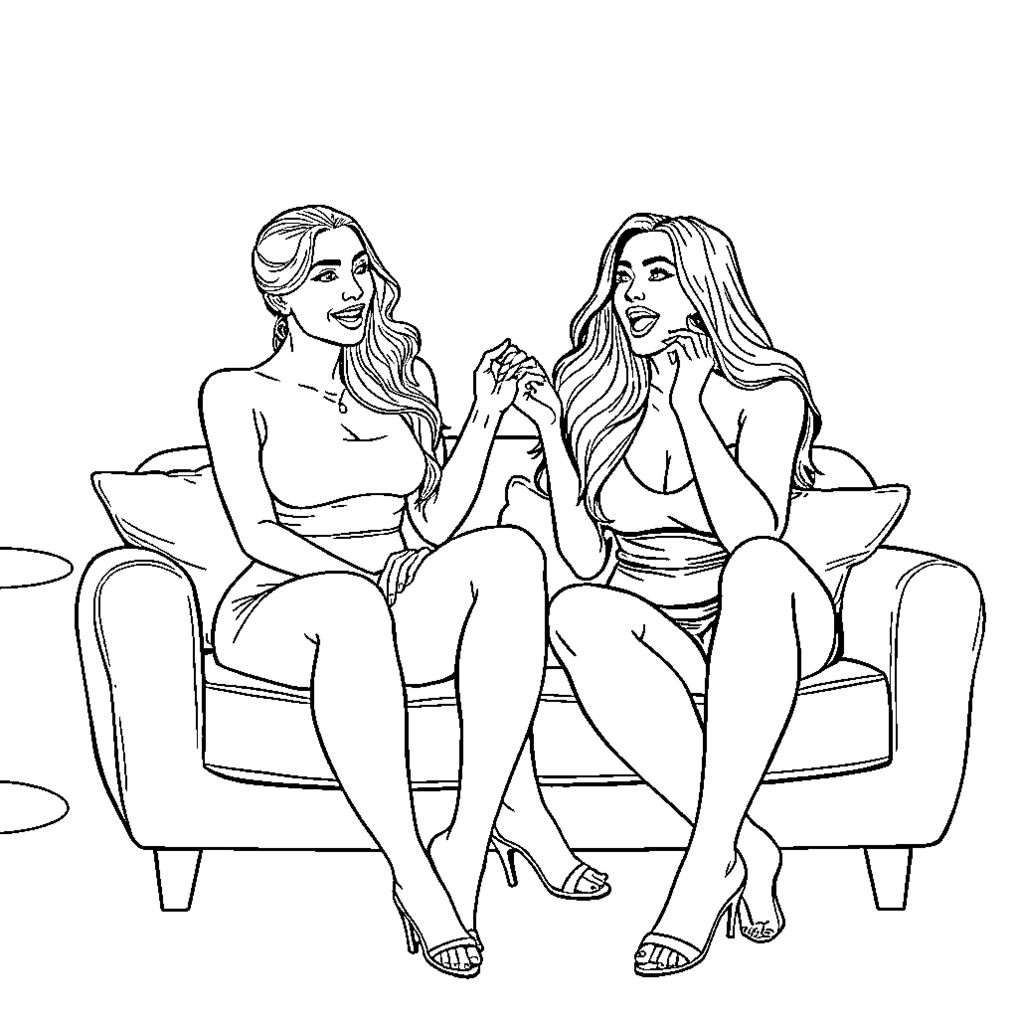 Kim Kardashian and Friend Relax in Chic Outfits Coloring Page (free black-and-white line drawing printable PDF for all, from beginners to advanced learners, including children, teens, adults, and seniors)