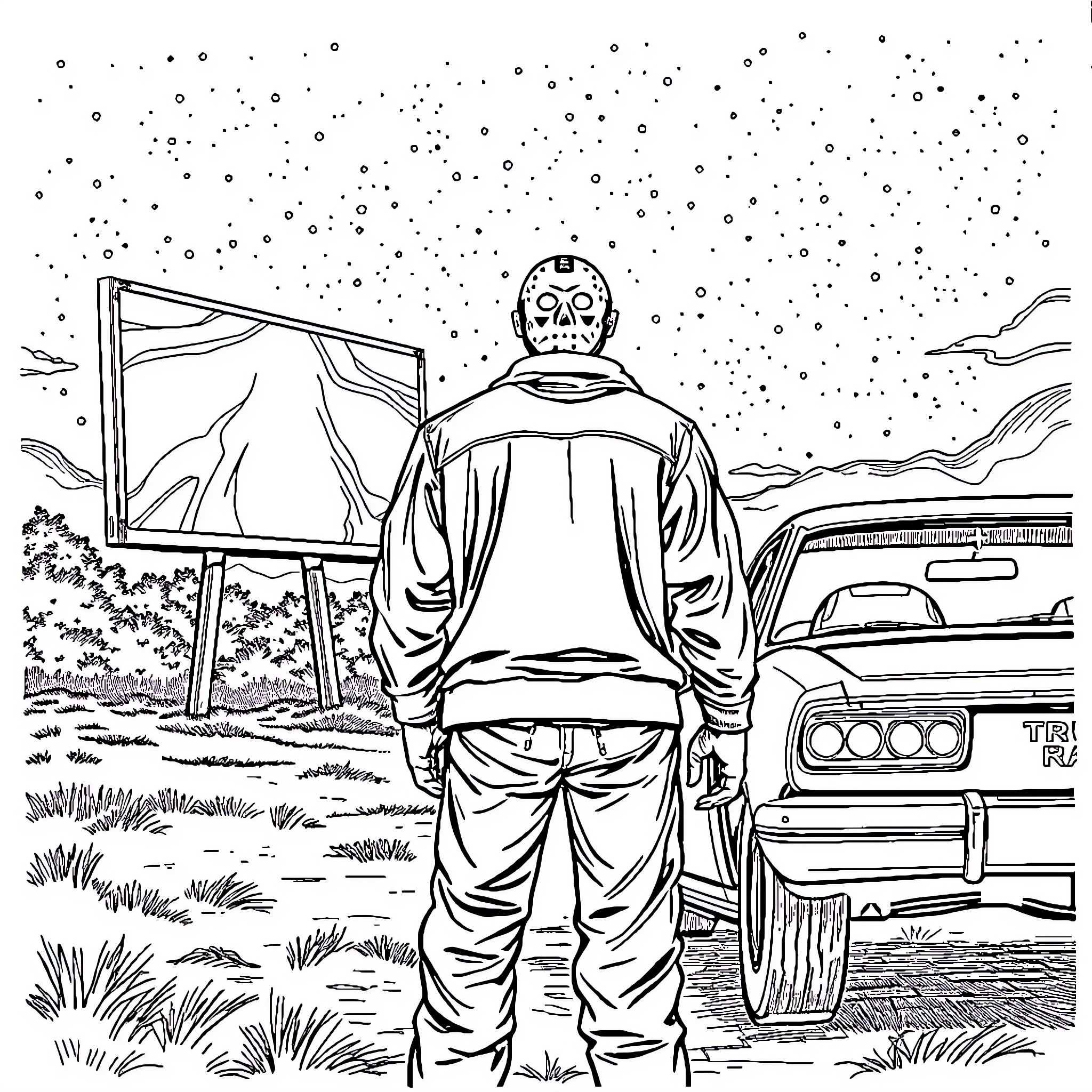 Jason Voorhees standing in a snowy field with a truck and billboard Coloring Page (free black-and-white line drawing printable PDF for all, from beginners to advanced learners, including children, teens, adults, and seniors)