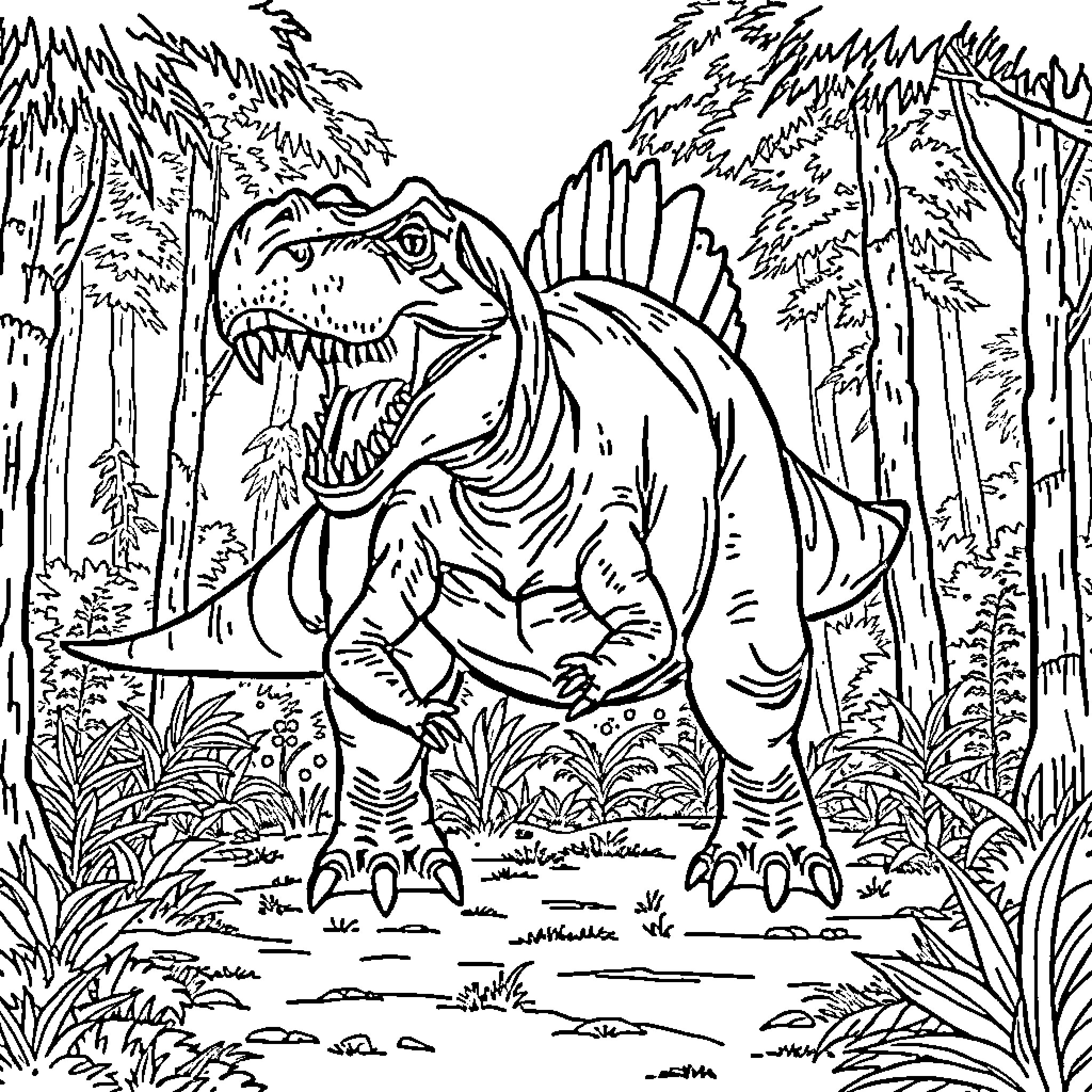 Carnotaurus roaming through the prehistoric jungle Coloring Page (free black-and-white line drawing printable PDF for all, from beginners to advanced learners, including children, teens, adults, and seniors)