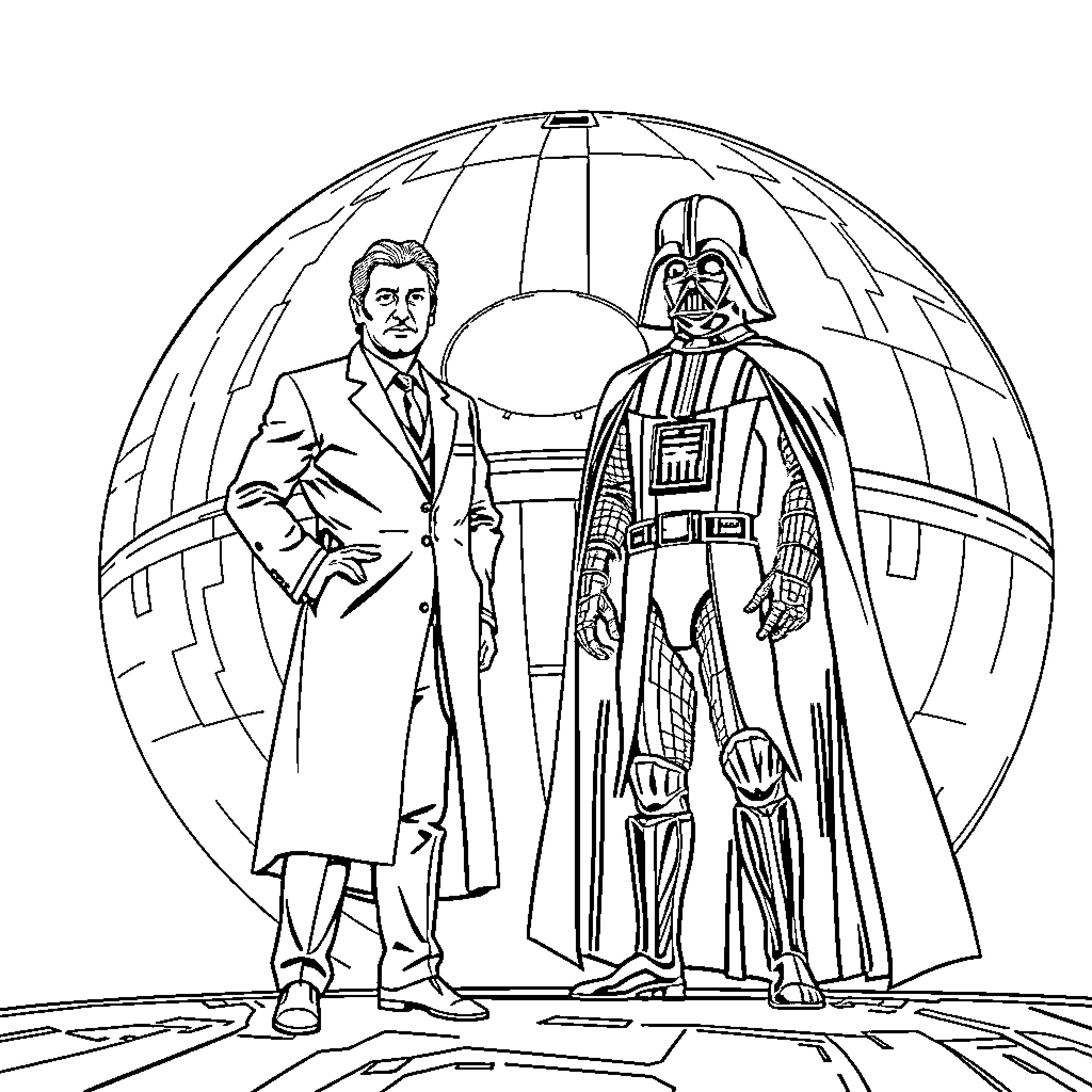 Orson Krennic and Darth Vader in an Imperial setting Coloring Page (free black-and-white line drawing printable PDF for all, from beginners to advanced learners, including children, teens, adults, and seniors)