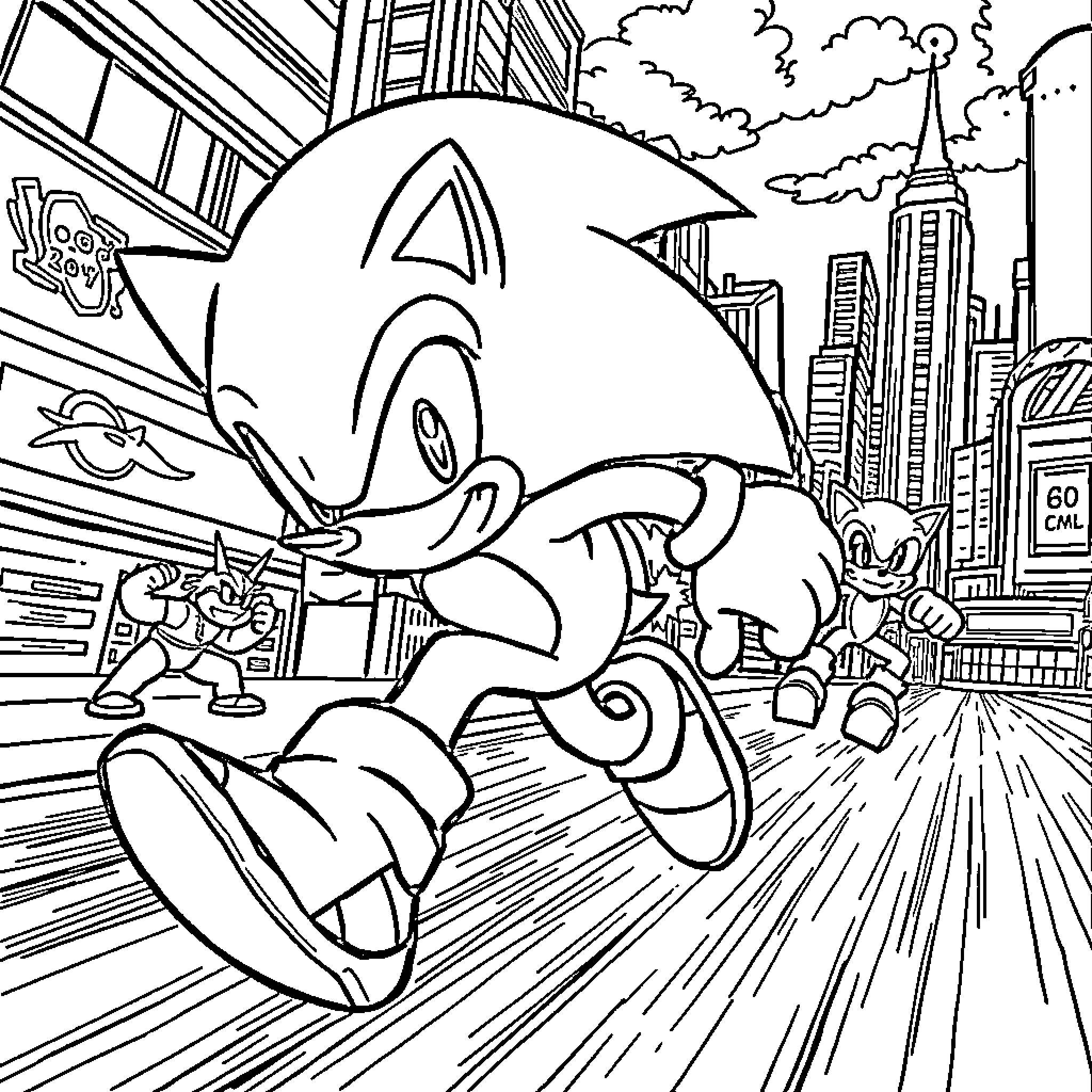 Sonic racing through the city Coloring Page (free black-and-white line drawing printable PDF for all, from beginners to advanced learners, including children, teens, adults, and seniors)