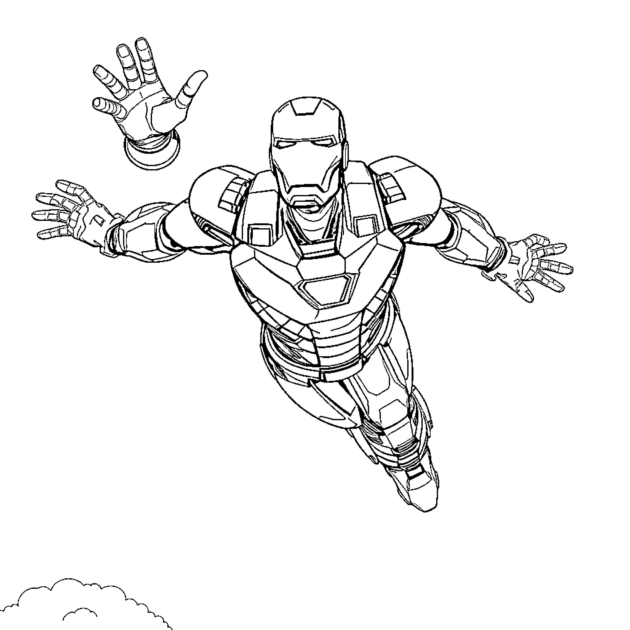 Iron Man Soaring Through the Skies in Action-Packed Pose Coloring Page (free black-and-white line drawing printable PDF for all, from beginners to advanced learners, including children, teens, adults, and seniors)