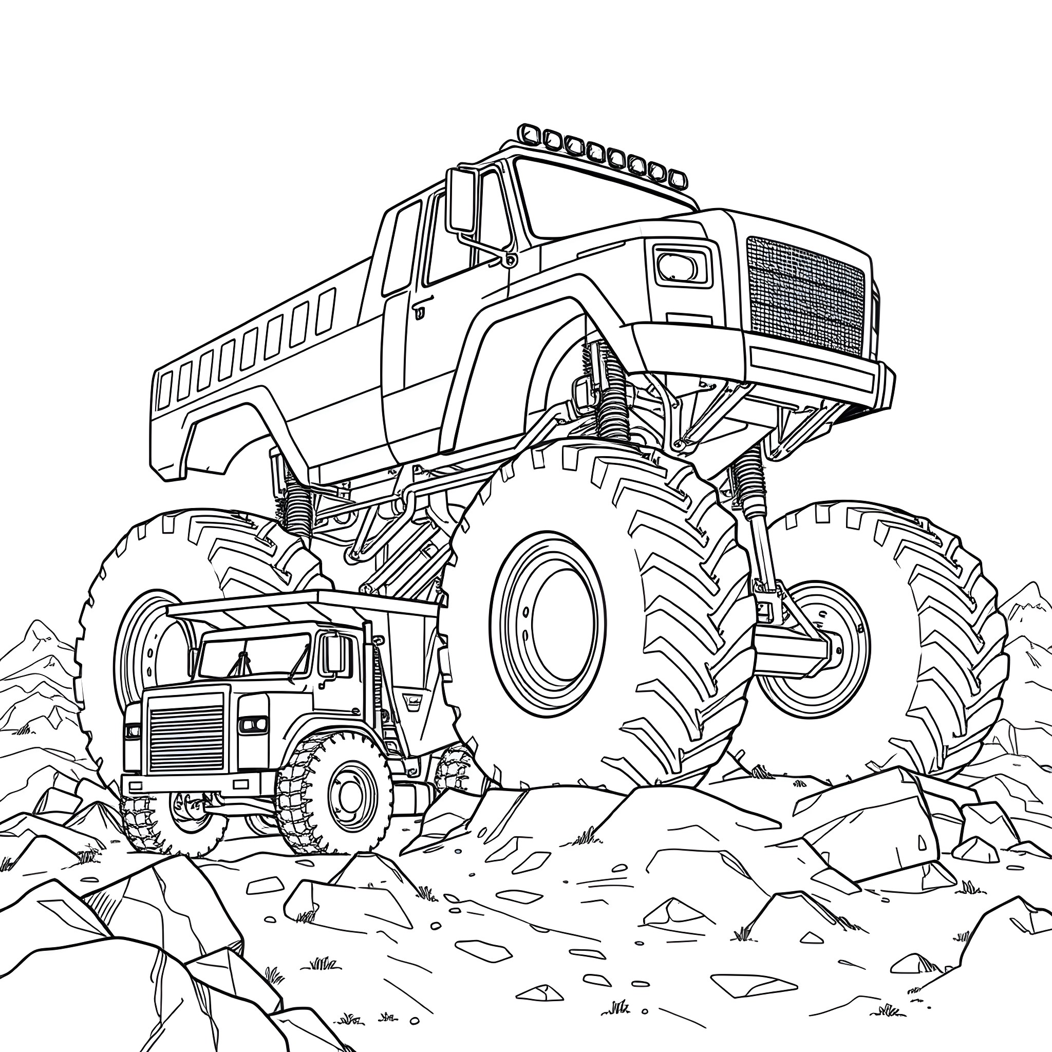 Monster Truck Navigating Rugged Terrain Coloring Page (free black-and-white line drawing printable PDF for all, from beginners to advanced learners, including children, teens, adults, and seniors)